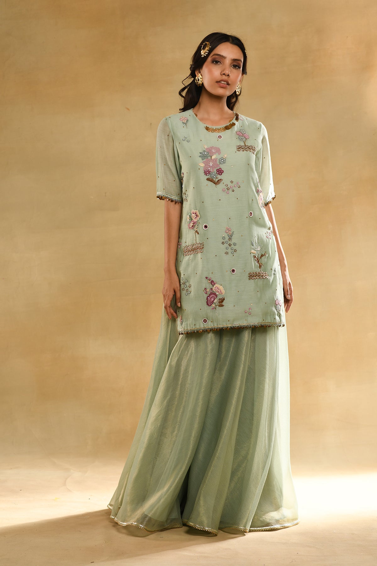 Teal Floral Kurta Sharara Set