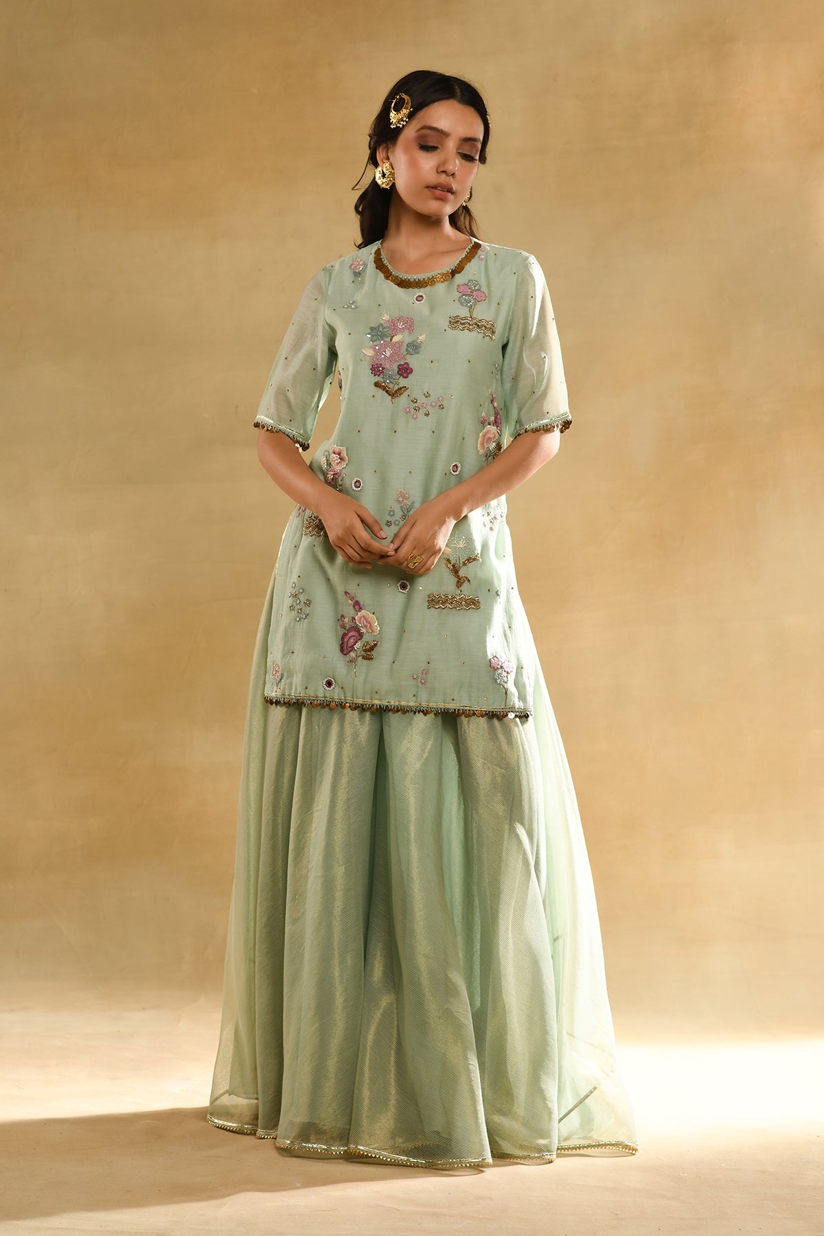 Teal Floral Kurta Sharara Set