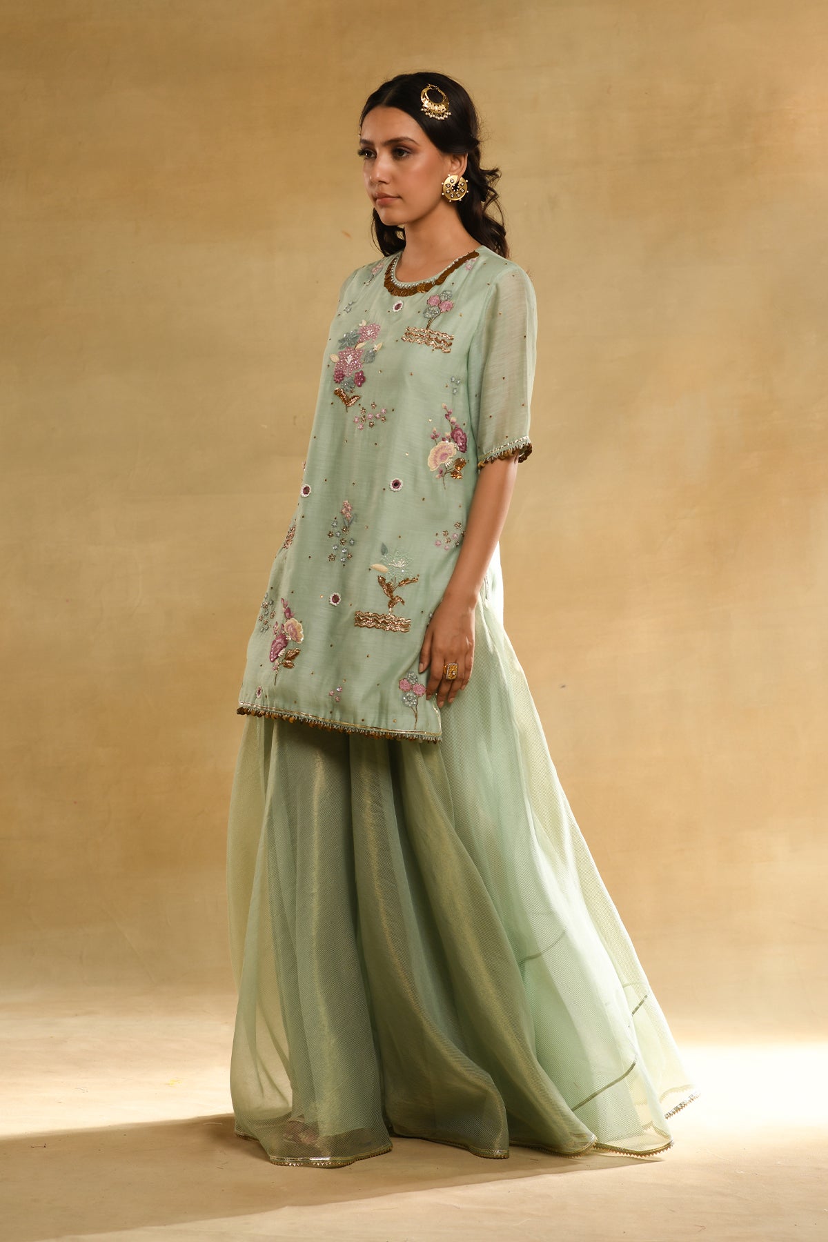 Teal Floral Kurta Sharara Set