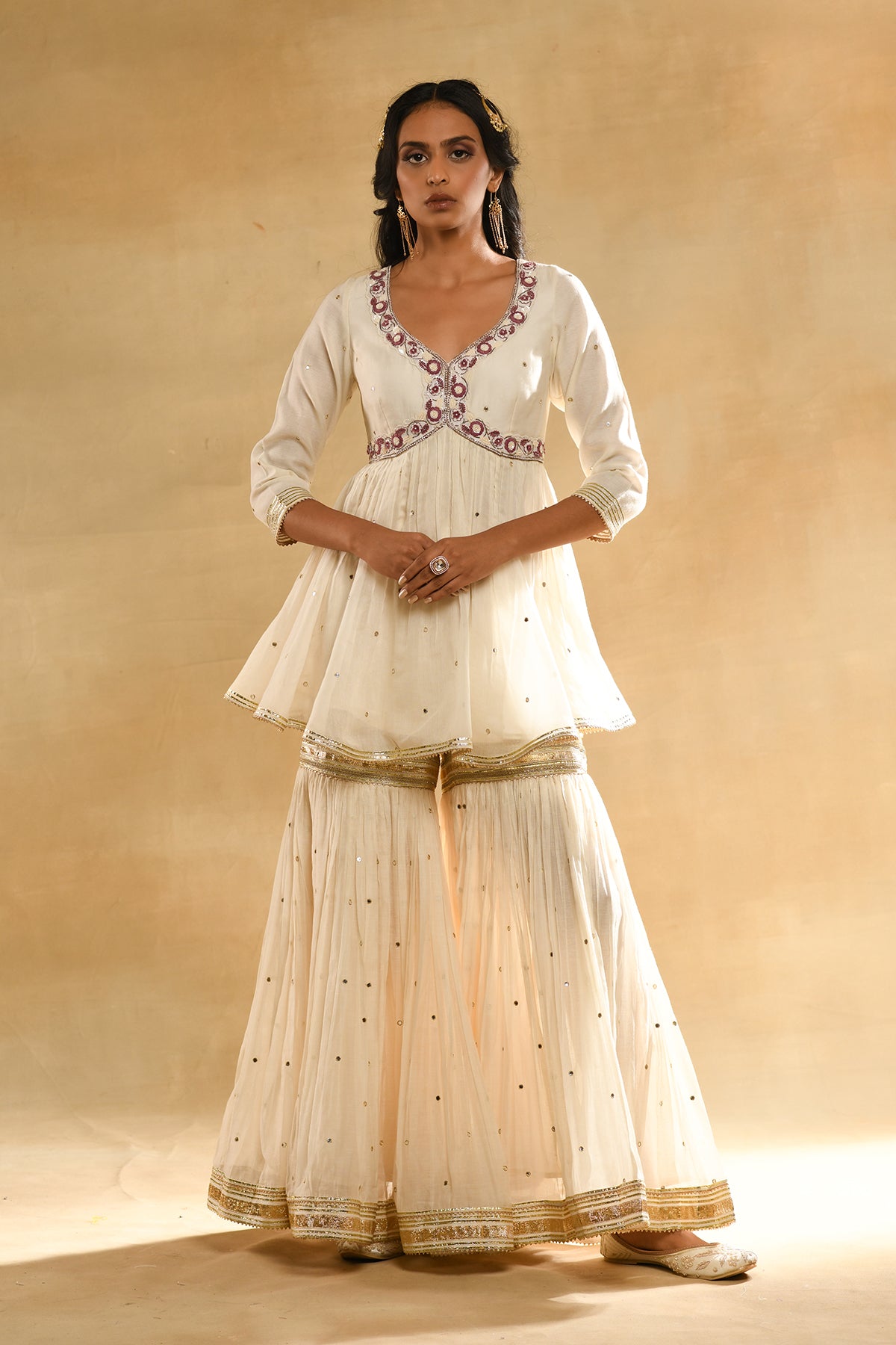 Ivory Floral Peplum Garara Set