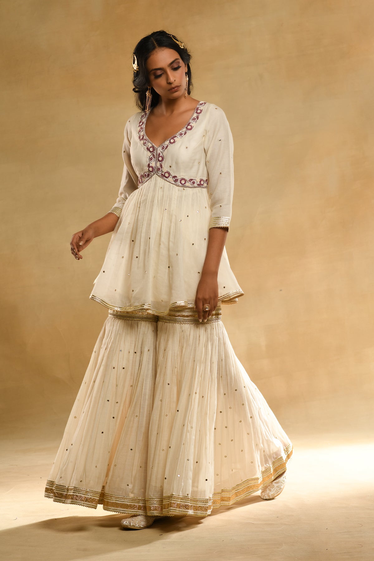 Ivory Floral Peplum Garara Set