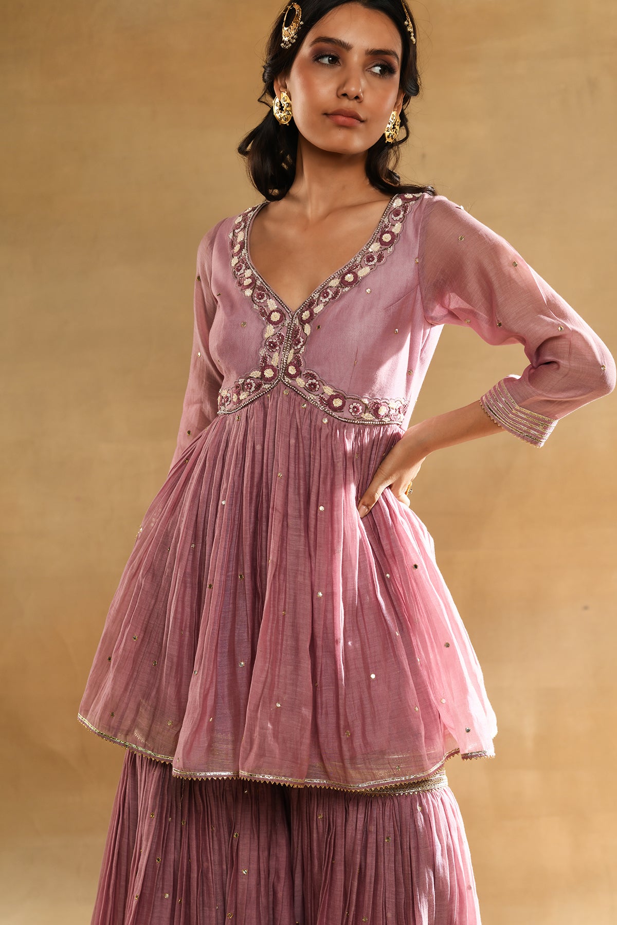 Pink Floral Peplum Garara Set
