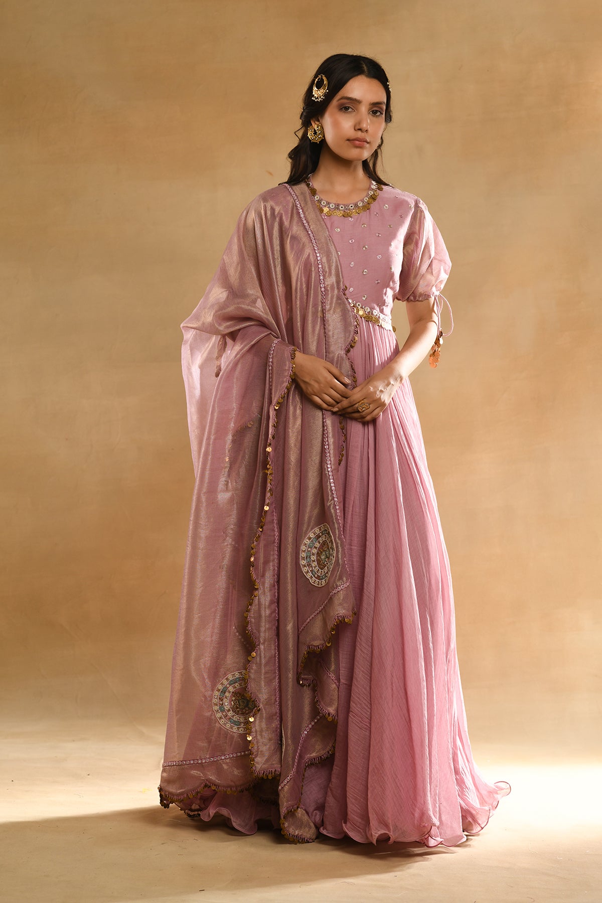 Pink Heavy Scallop Dupatta Anarkali Set