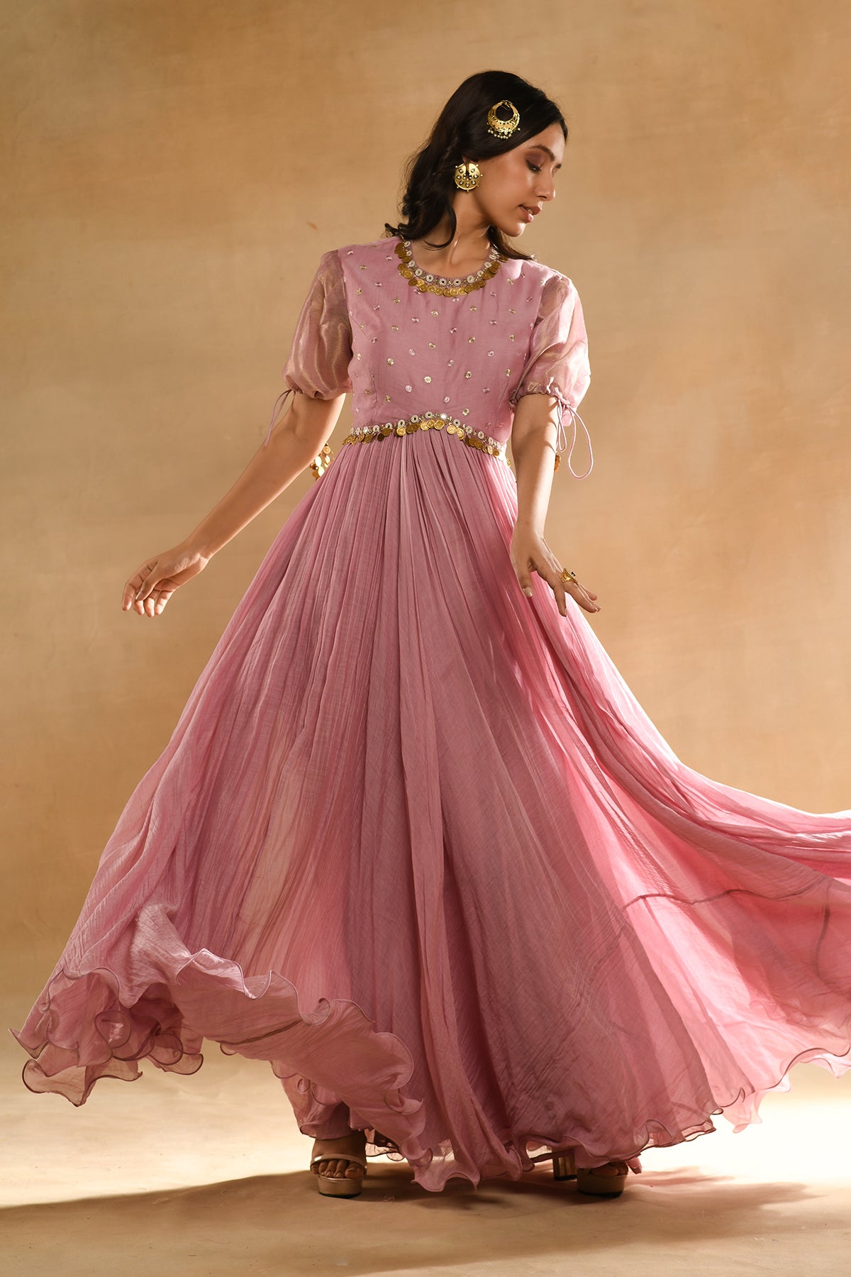 Pink Heavy Scallop Dupatta Anarkali Set