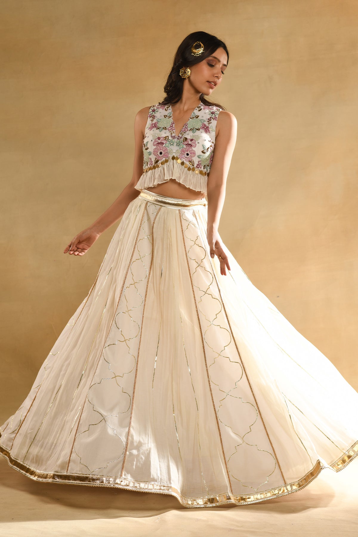 Ivory Floral Embroidered Blouse And Skirt