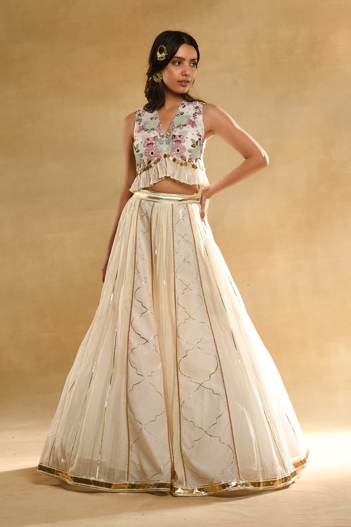 Ivory Floral Embroidered Blouse And Skirt