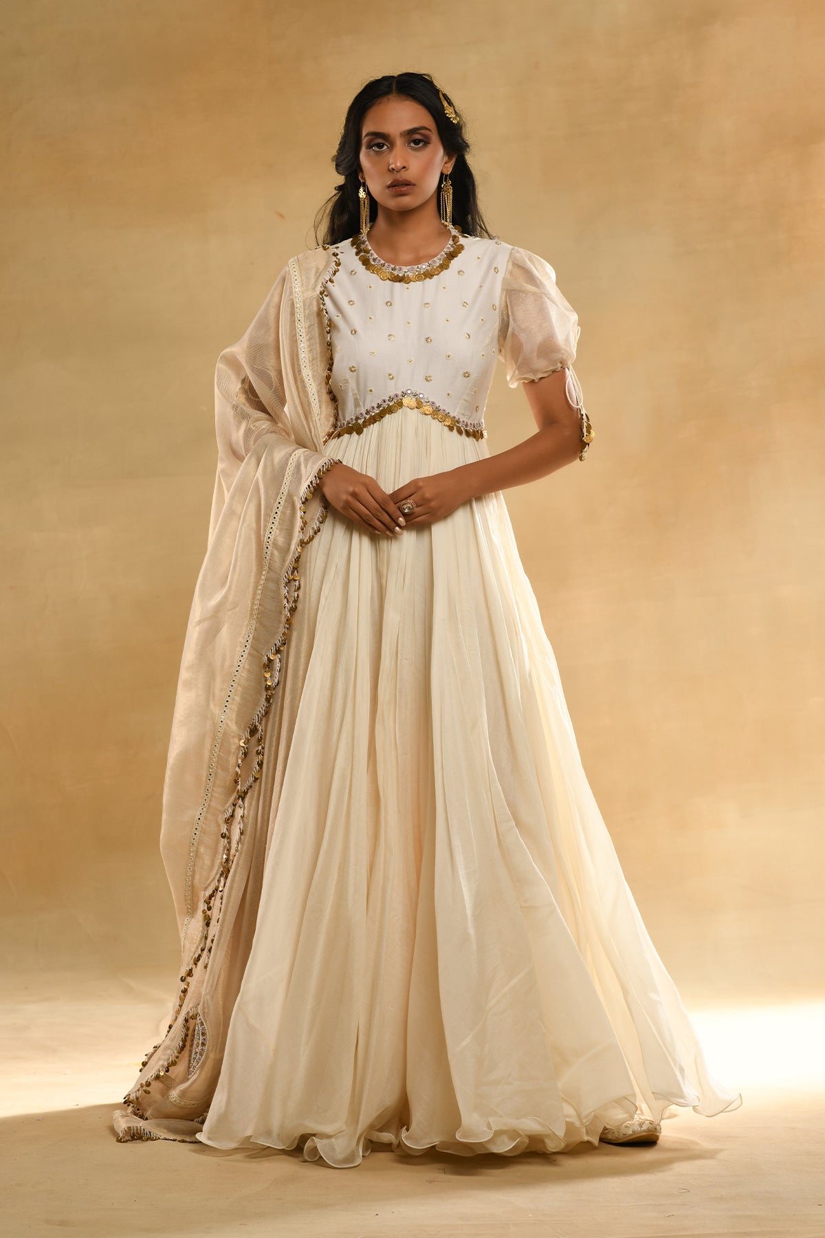 Ivory Heavy Scallop Dupatta Anarkali Set