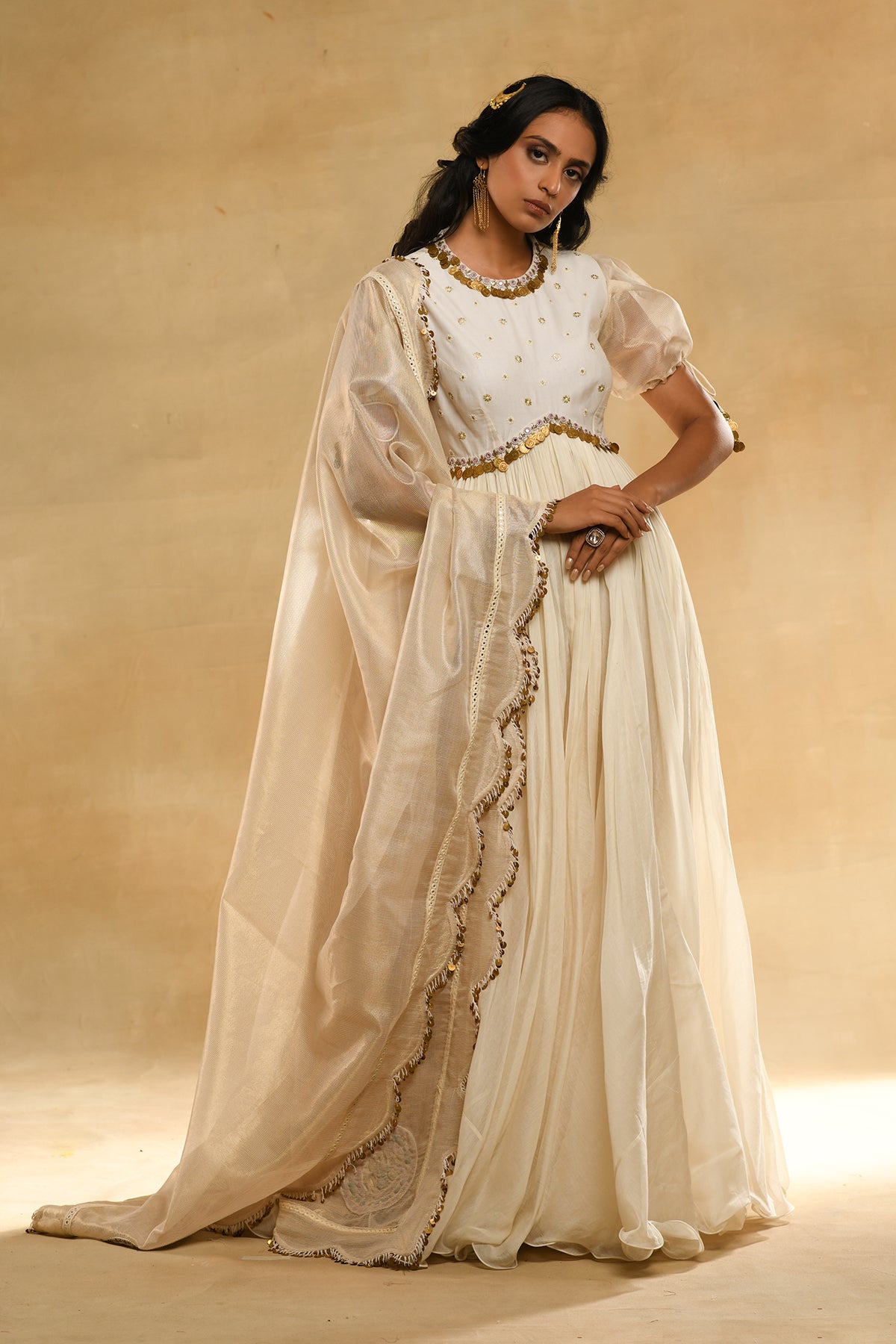Ivory Heavy Scallop Dupatta Anarkali Set