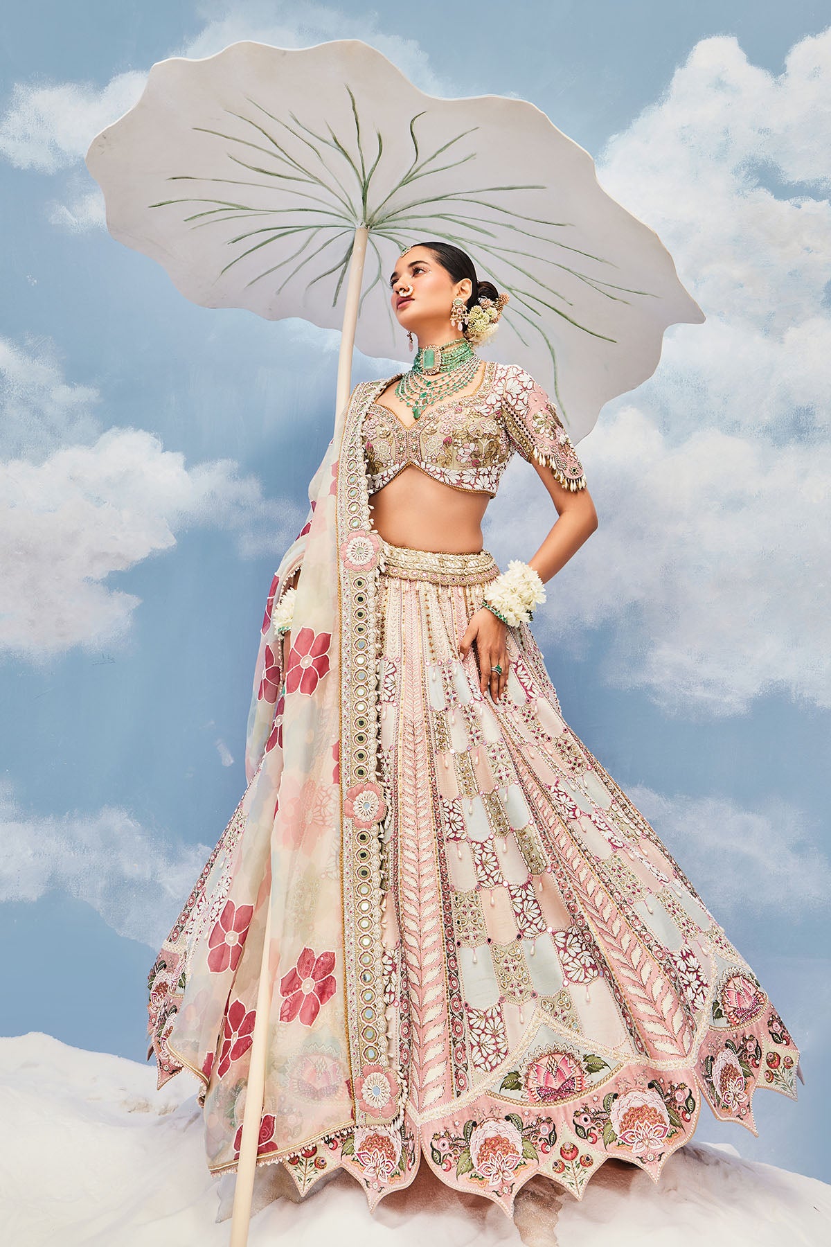 WANDERING PARROT COLOR BLOCK LEHENGA