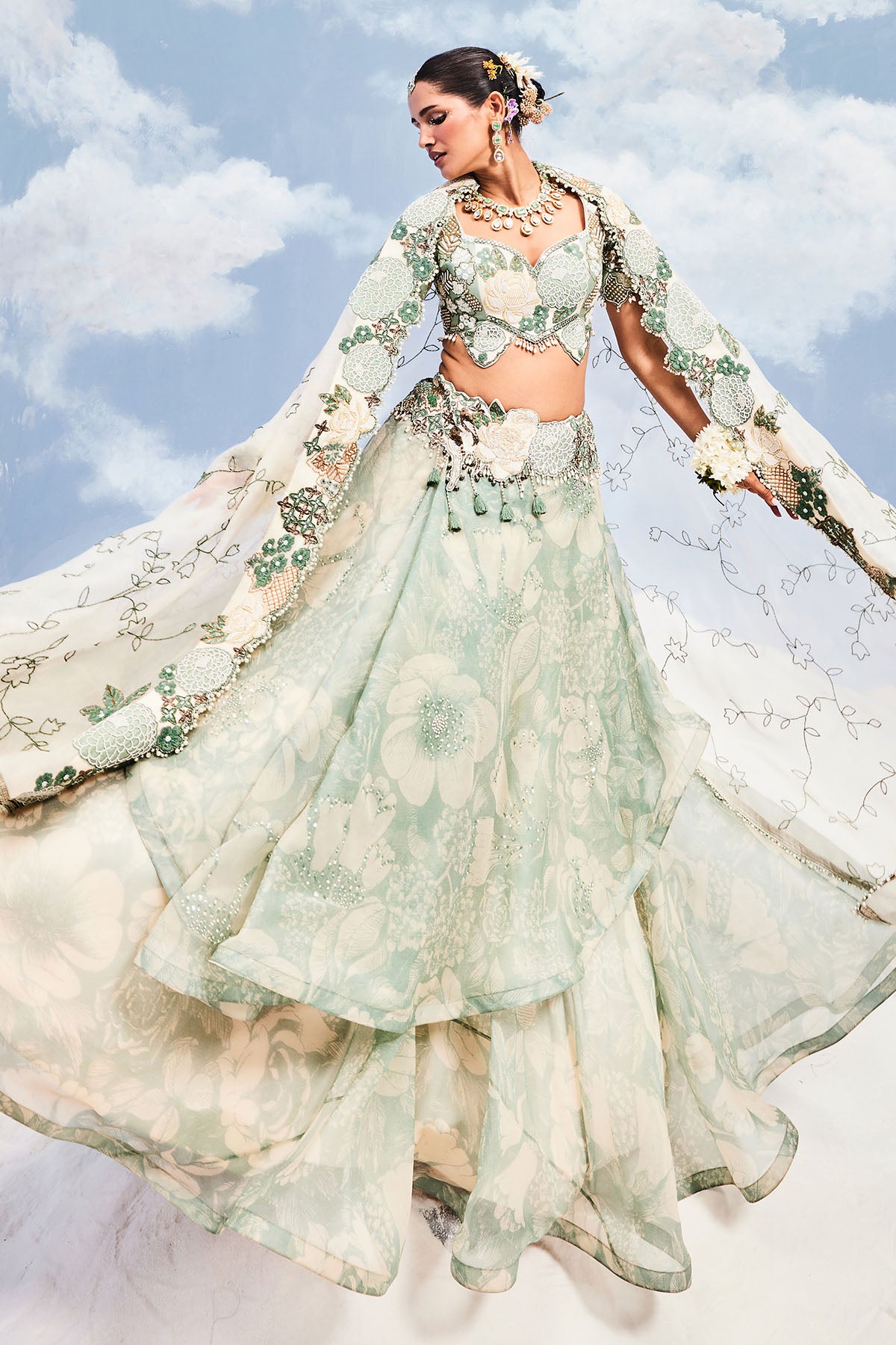 AQUA ORGANZA TRAIL LEHENGA