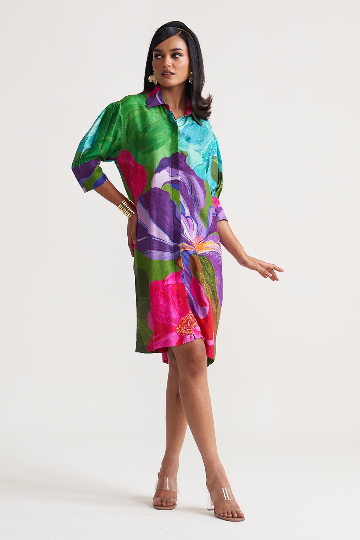 Box yoke pleated dress