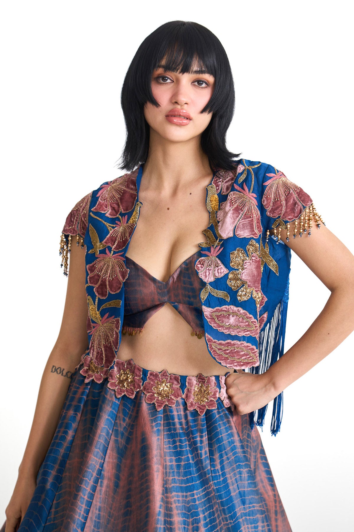 Genda phool Short jacket with skirt set