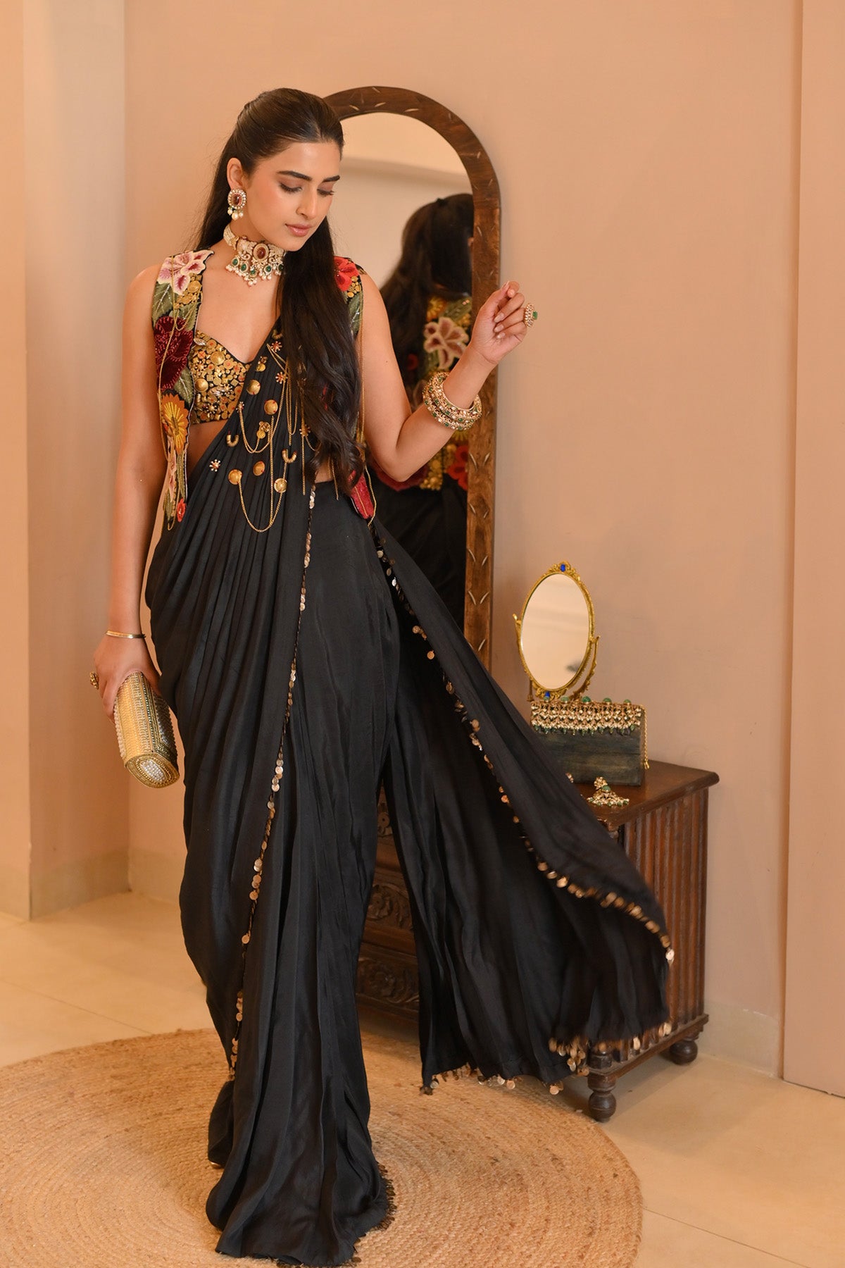 Bhavdeep Kaur In Vintage lily drape saree with bustier and jacket