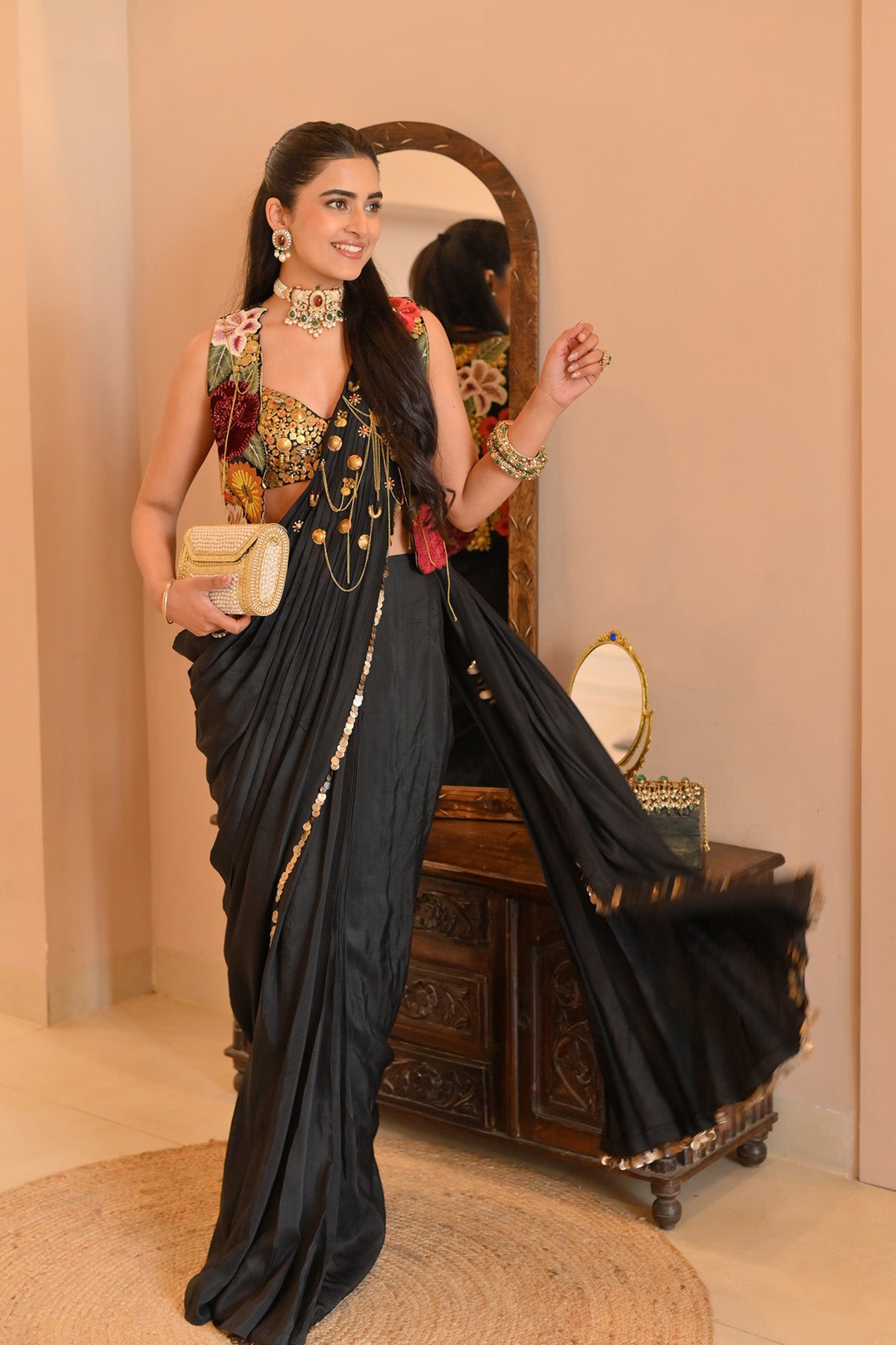 Bhavdeep Kaur In Vintage lily drape saree with bustier and jacket