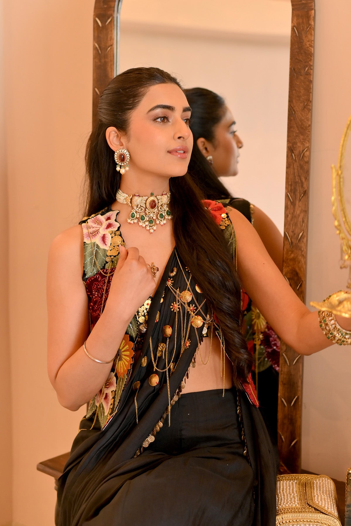 Bhavdeep Kaur In Vintage lily drape saree with bustier and jacket