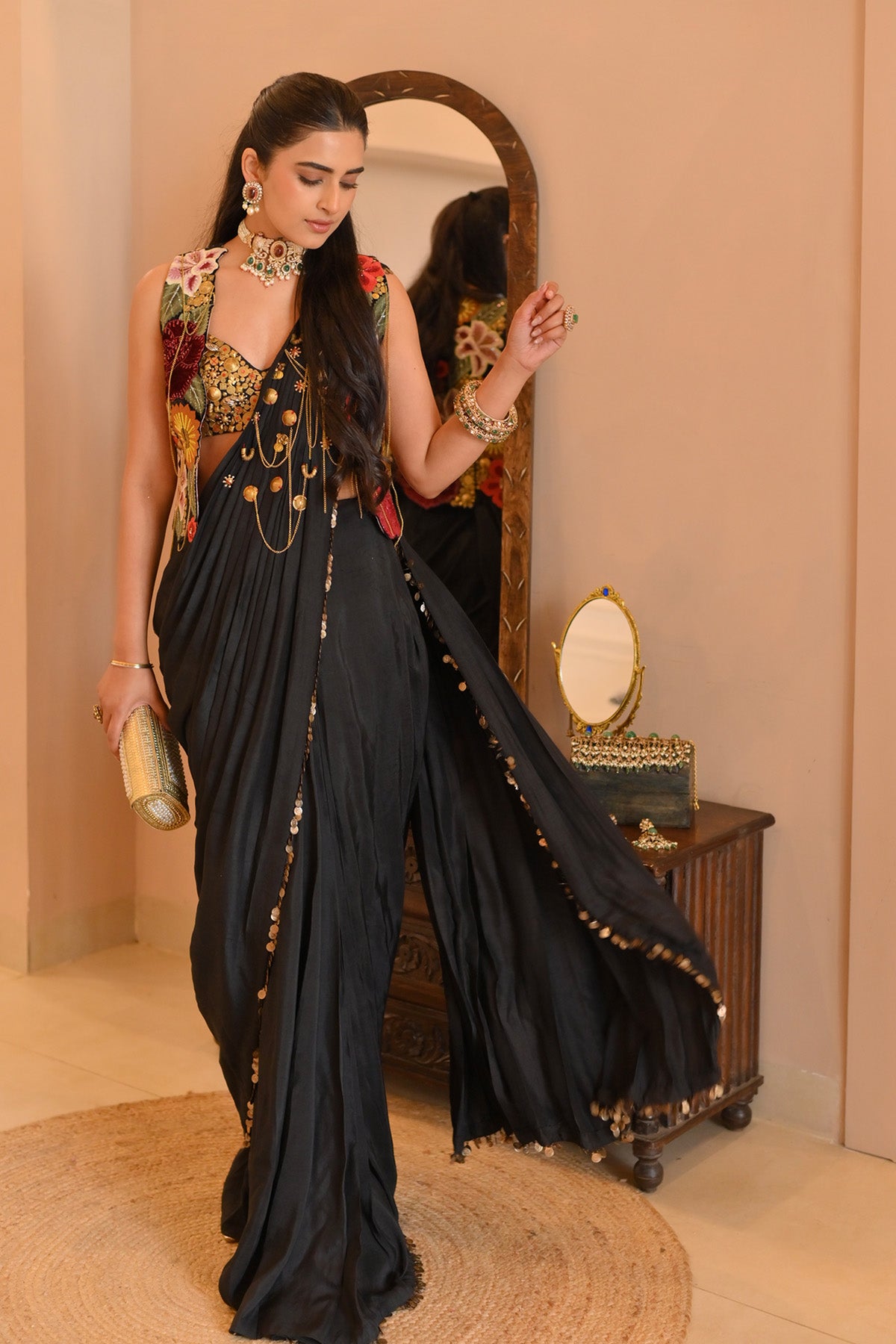 Bhavdeep Kaur In Vintage lily drape saree with bustier and jacket