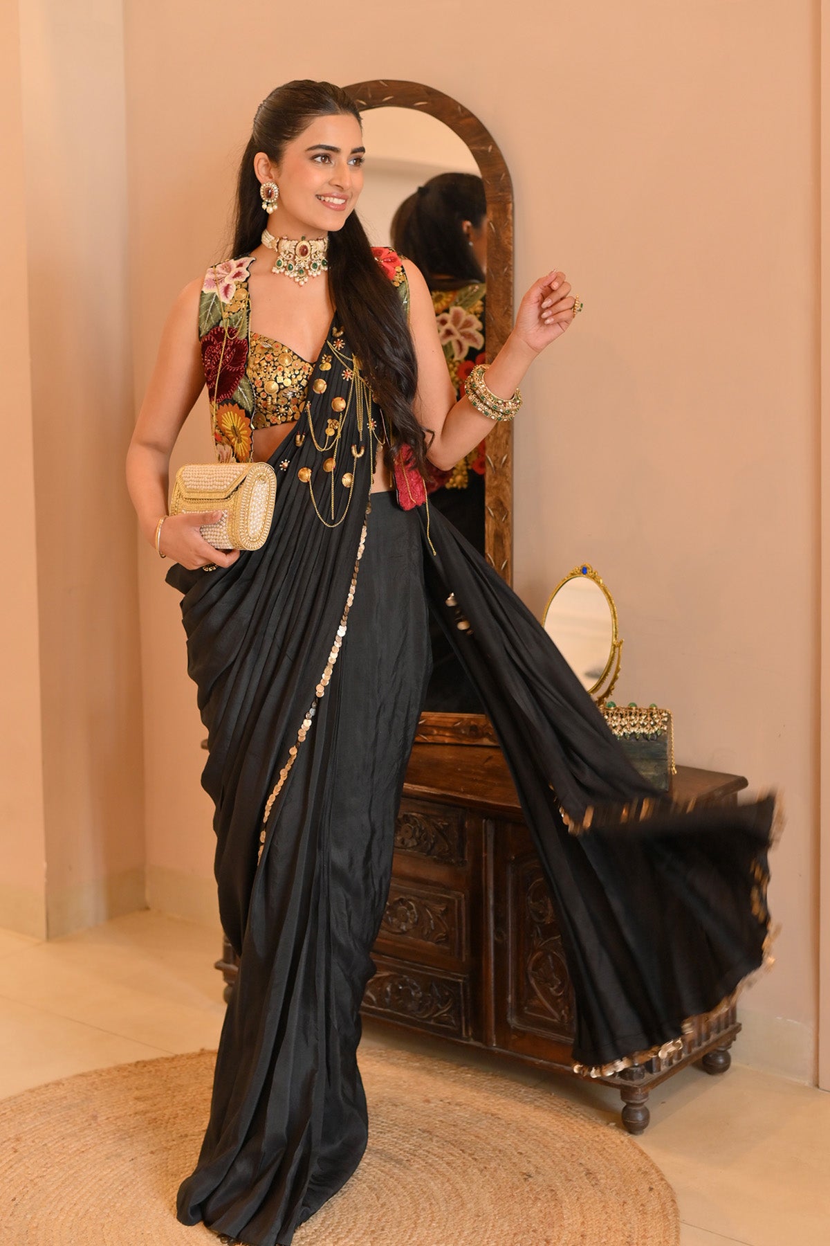 Bhavdeep Kaur In Vintage lily drape saree with bustier and jacket