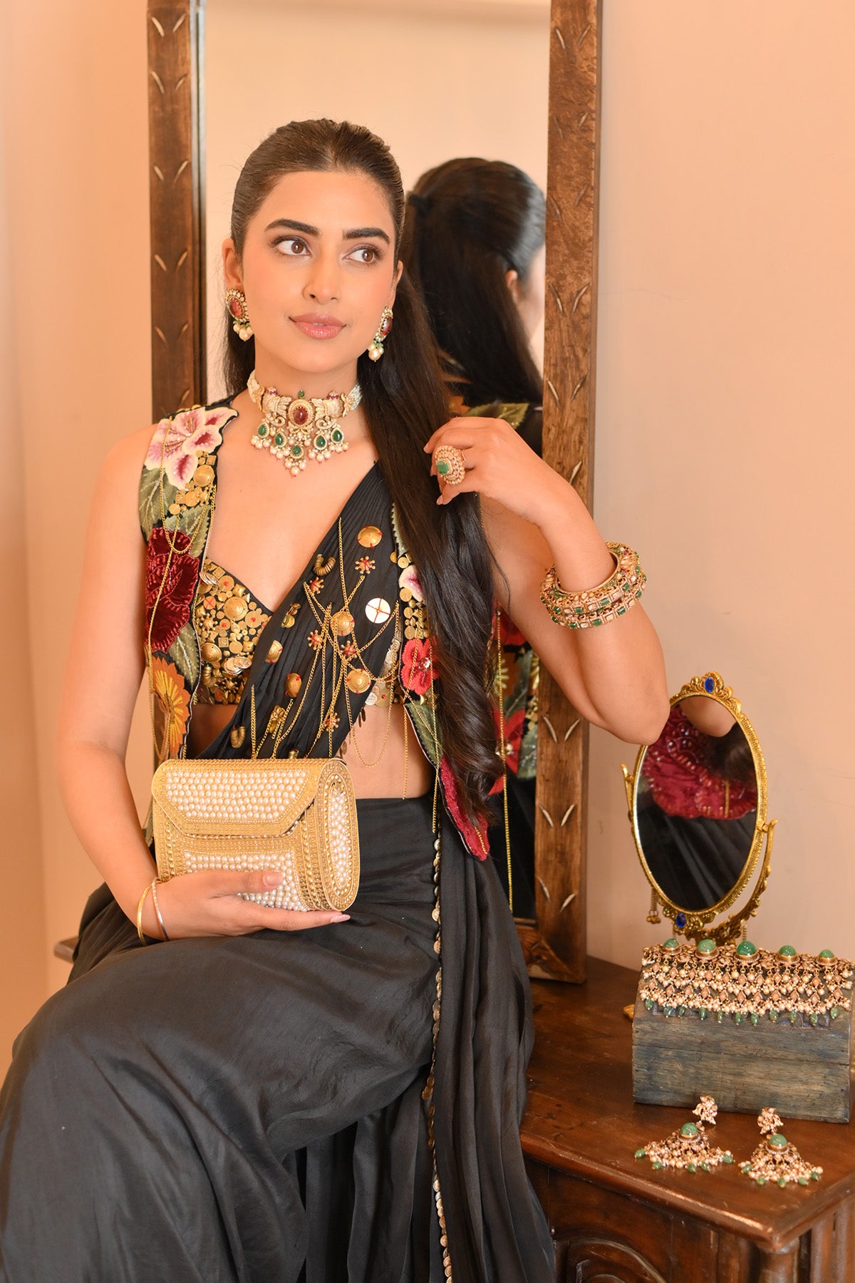 Bhavdeep Kaur In Vintage lily drape saree with bustier and jacket