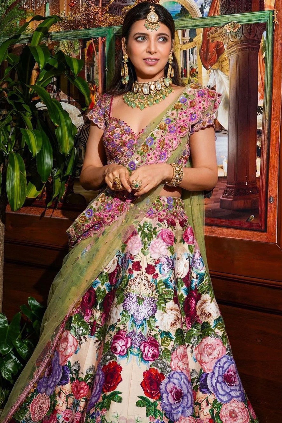 Neha Adhvik Mahajan in Multi Scallop Floral Lehenga