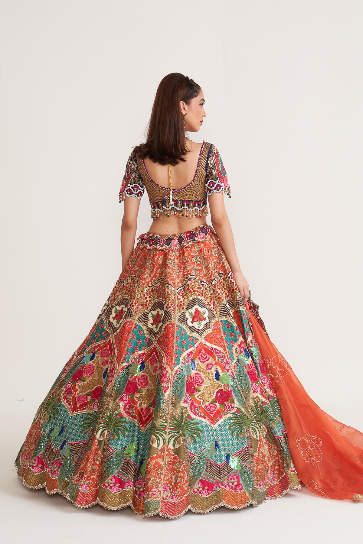 Orange & teal peacock lehenga