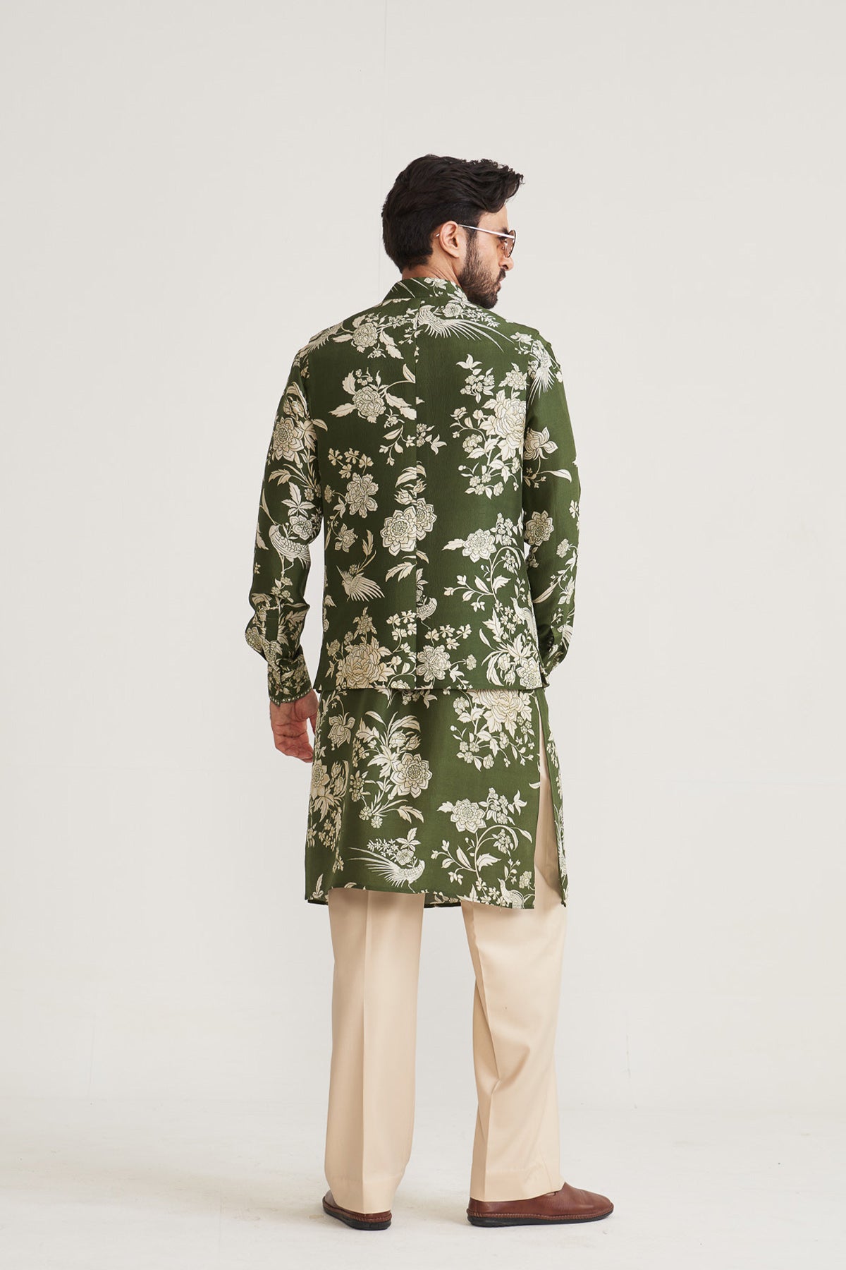 Parsi printed green nehru jacket