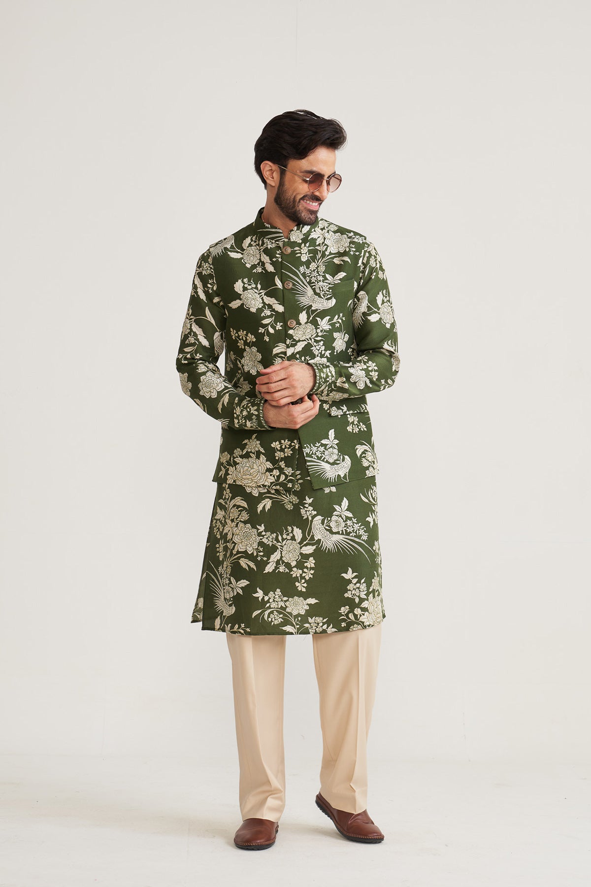 Parsi printed green nehru jacket