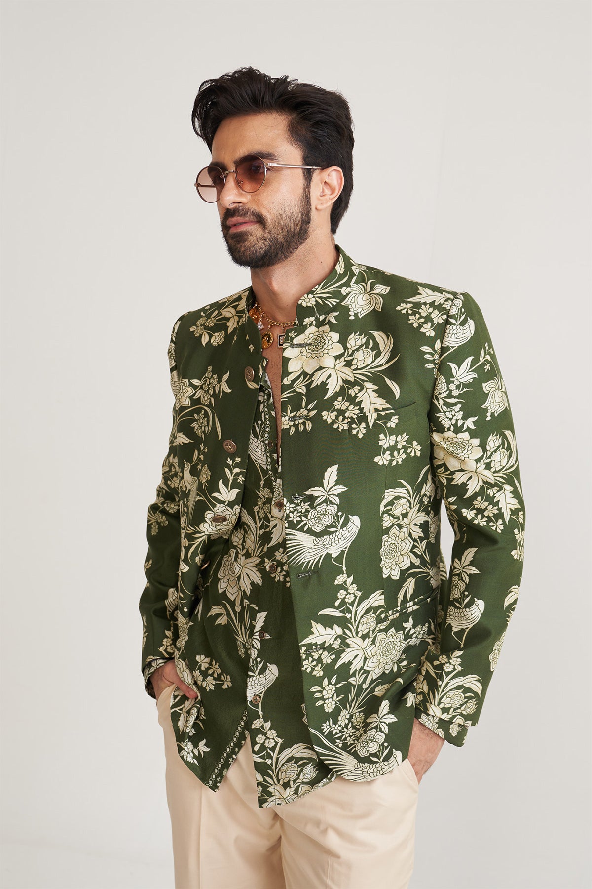 Parsi printed green bandhgala