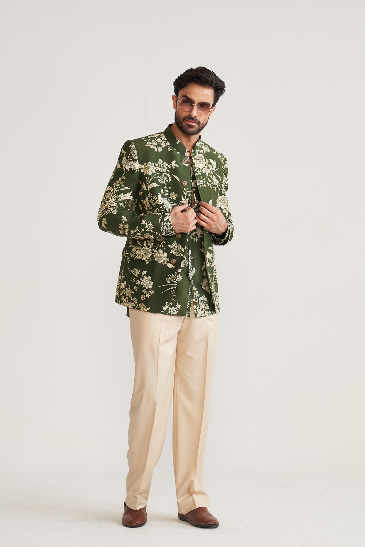 Parsi printed green bandhgala