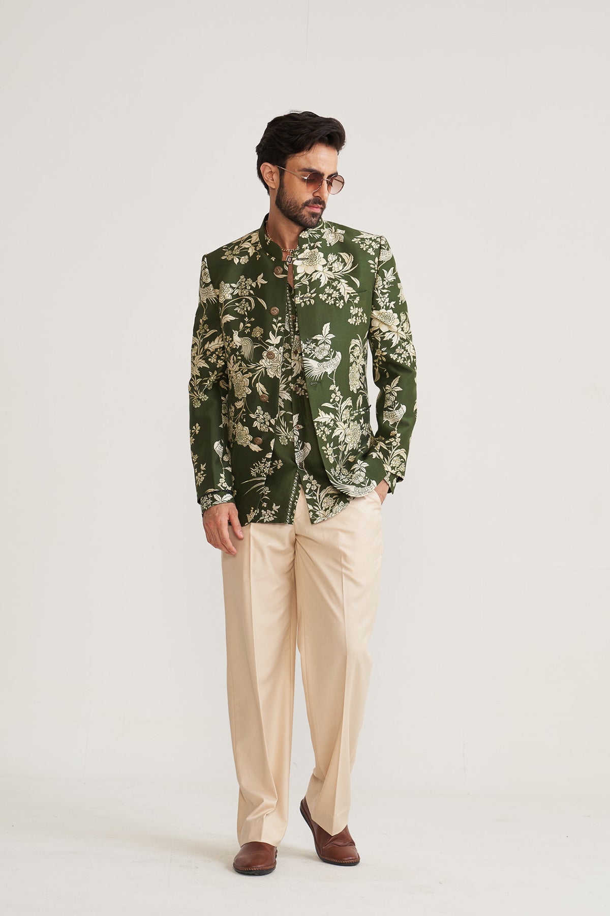 Parsi printed green bandhgala