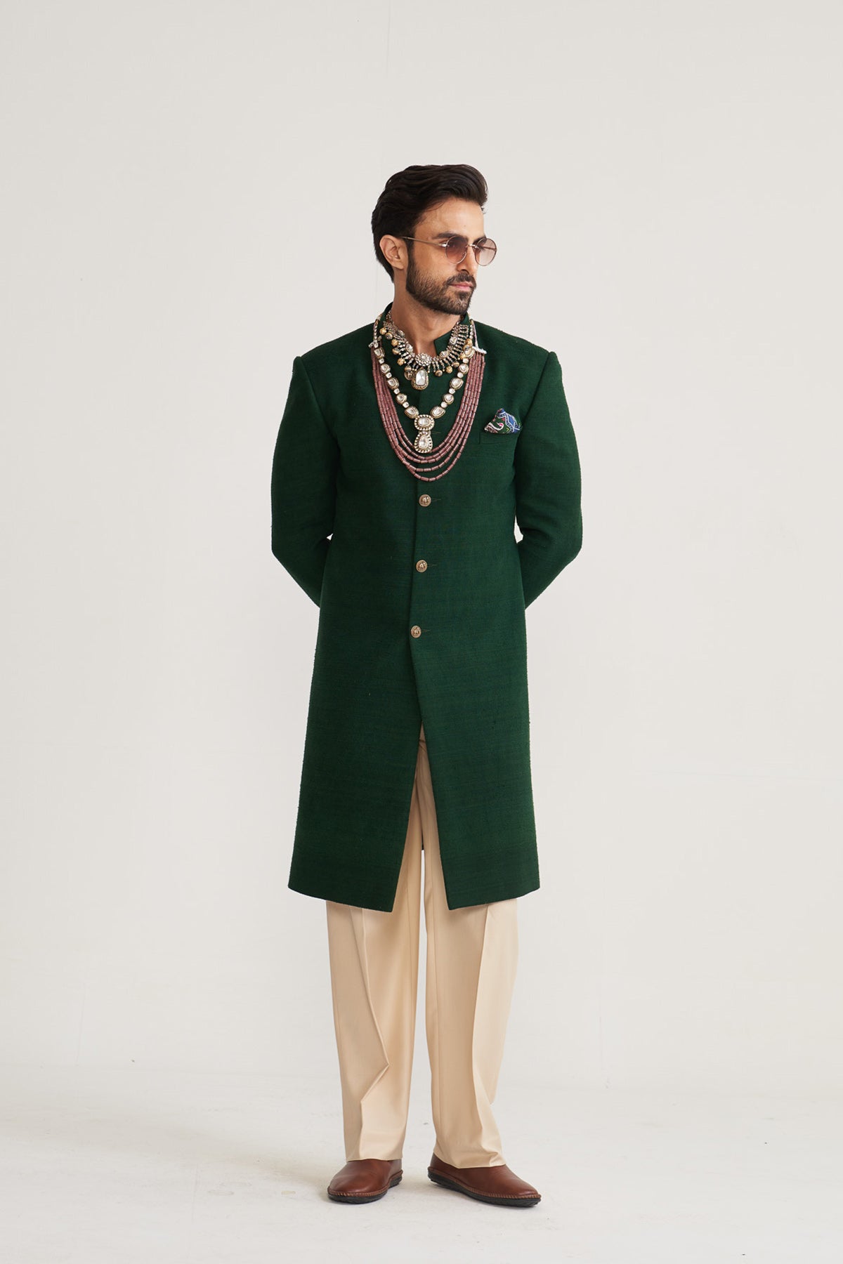 Matka silk green achkan