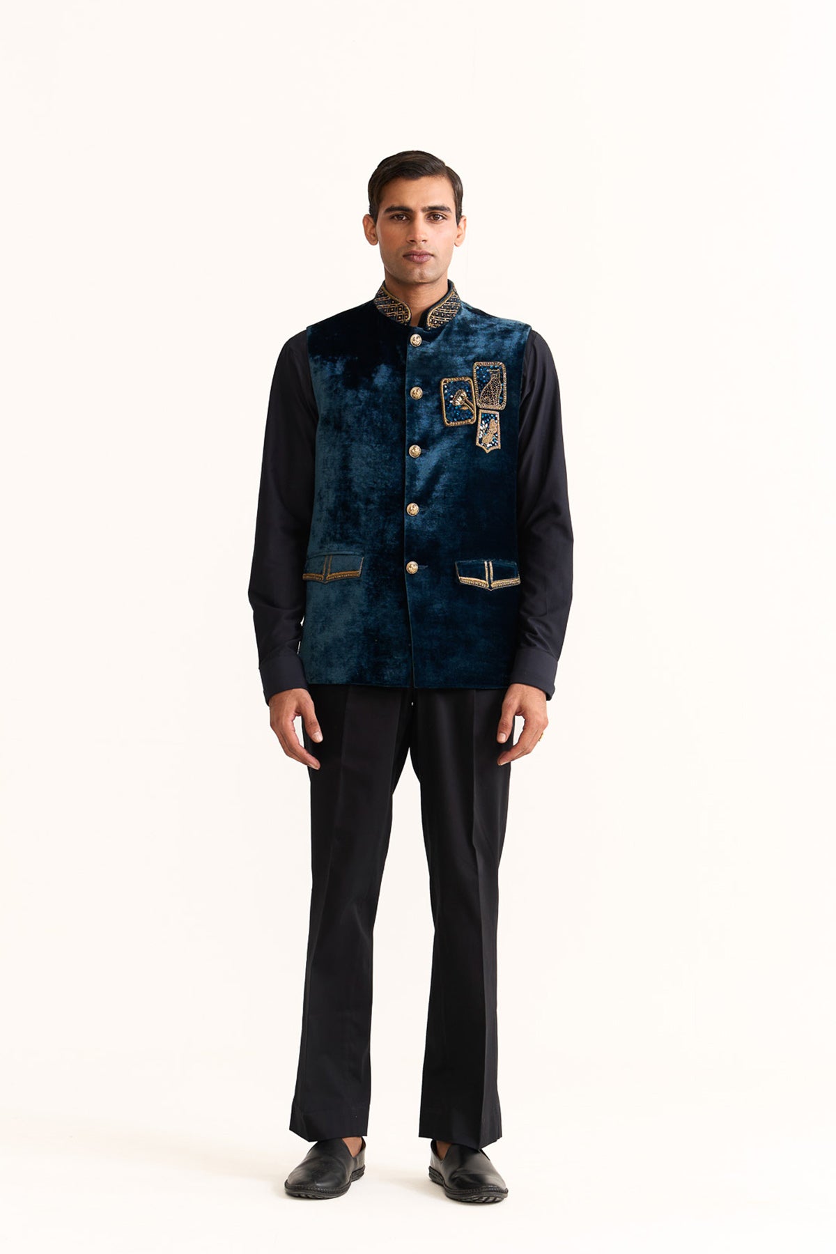 Crayon blue embroidered nehru jacket