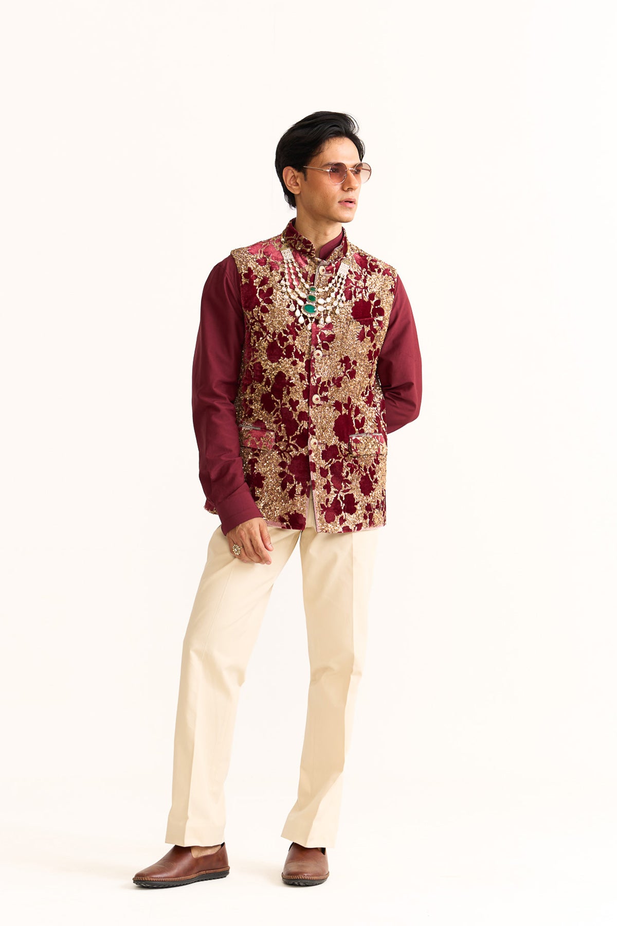Royal rose Red velvet embroidered nehru jacket