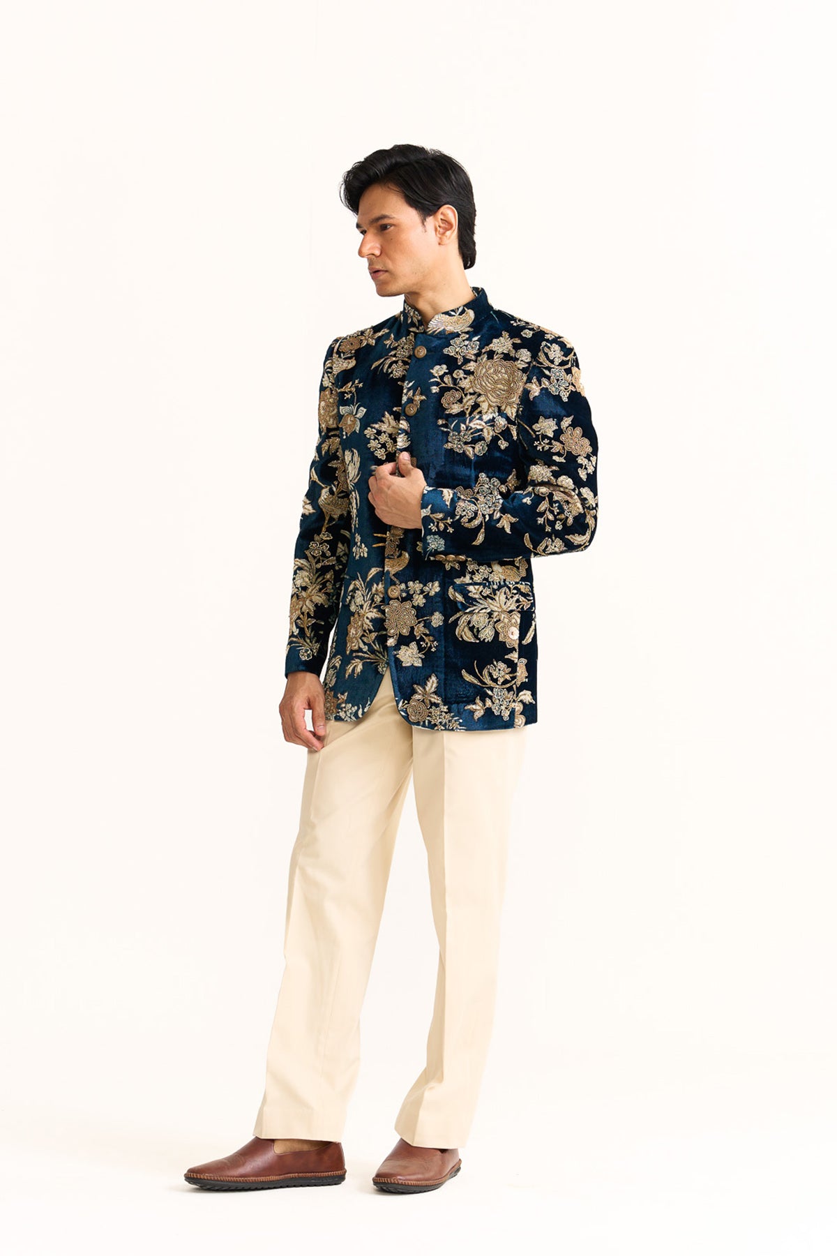 Parsi blue velvet embroidered bandhgala