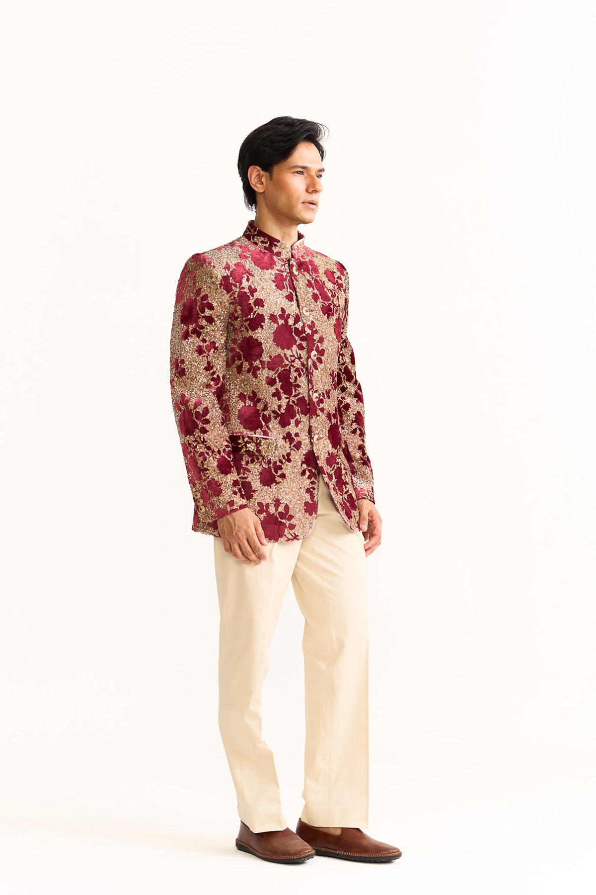 Royal rose Red velvet embellished bandhgala