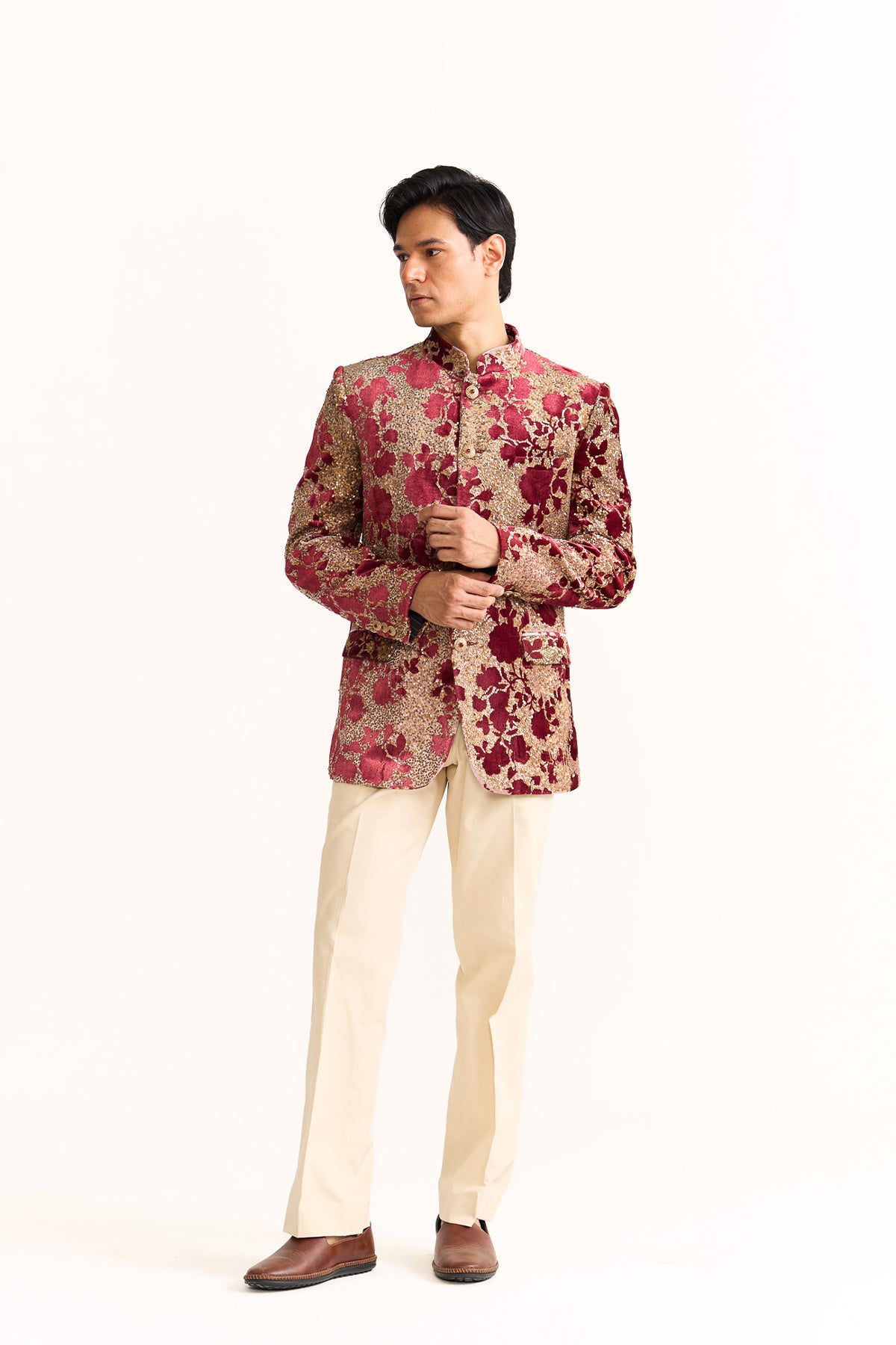 Royal rose Red velvet embellished bandhgala