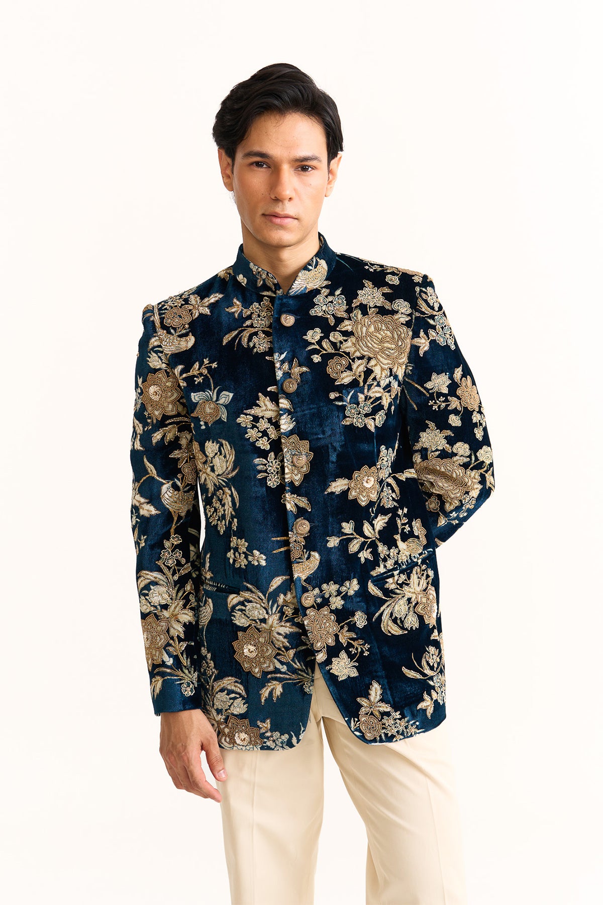 Parsi blue velvet embroidered bandhgala