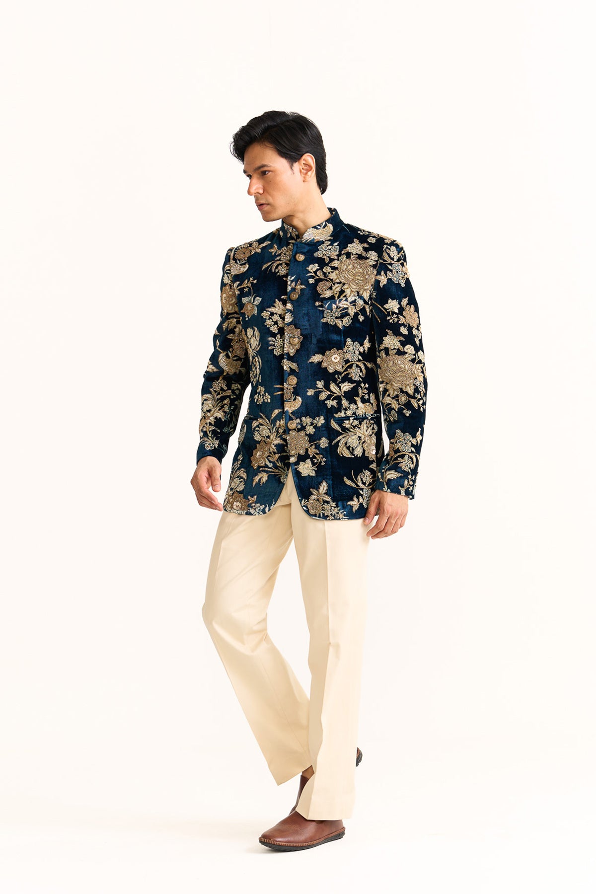 Parsi blue velvet embroidered bandhgala