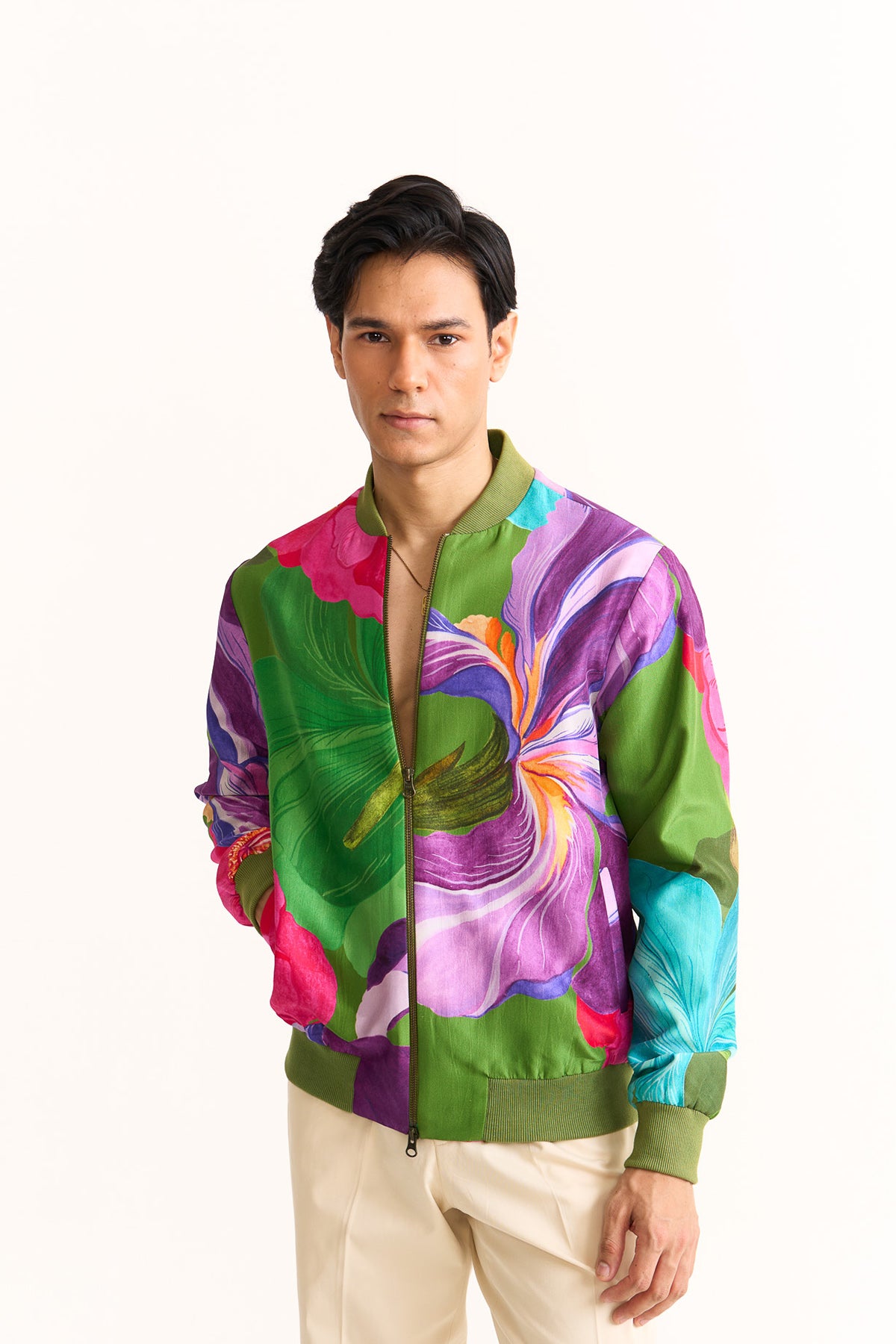 Pastel petals printed bomber jacket