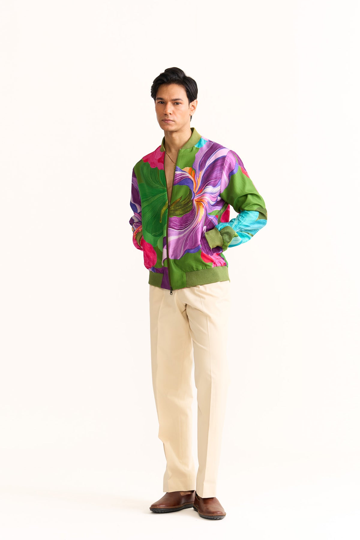 Pastel petals printed bomber jacket