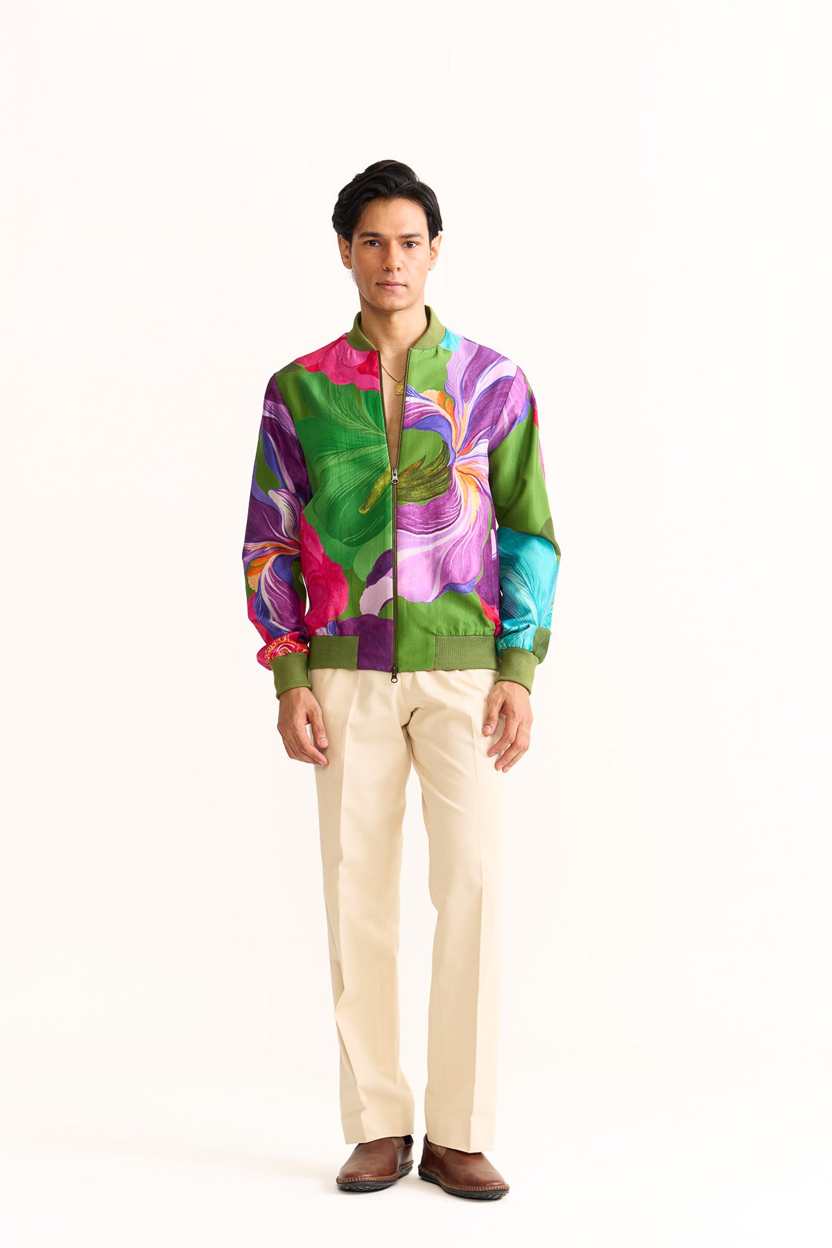 Painted petals printed bomber jacket