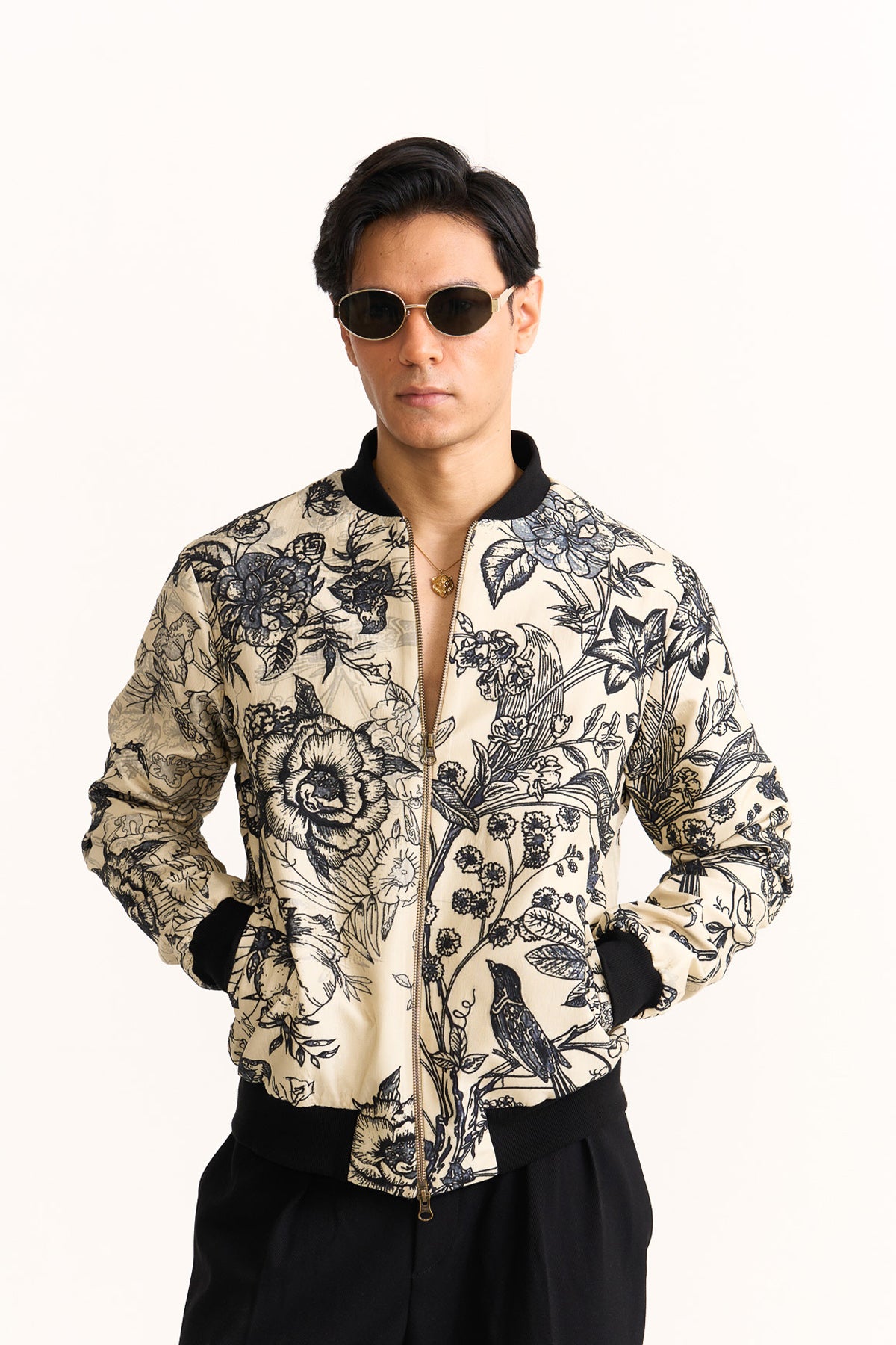 Black & beige embroidered bomber jacket