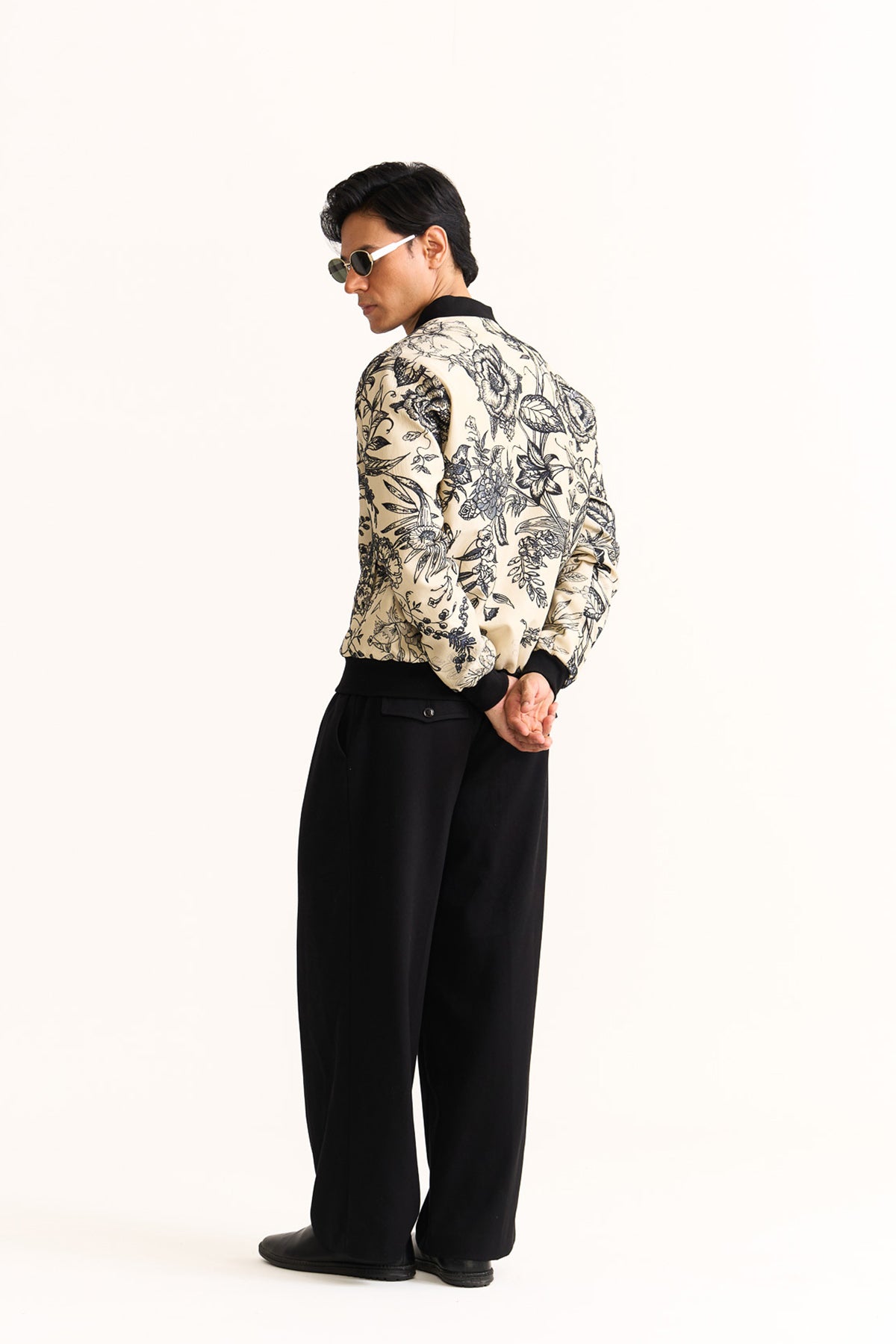 Black & beige embroidered bomber jacket