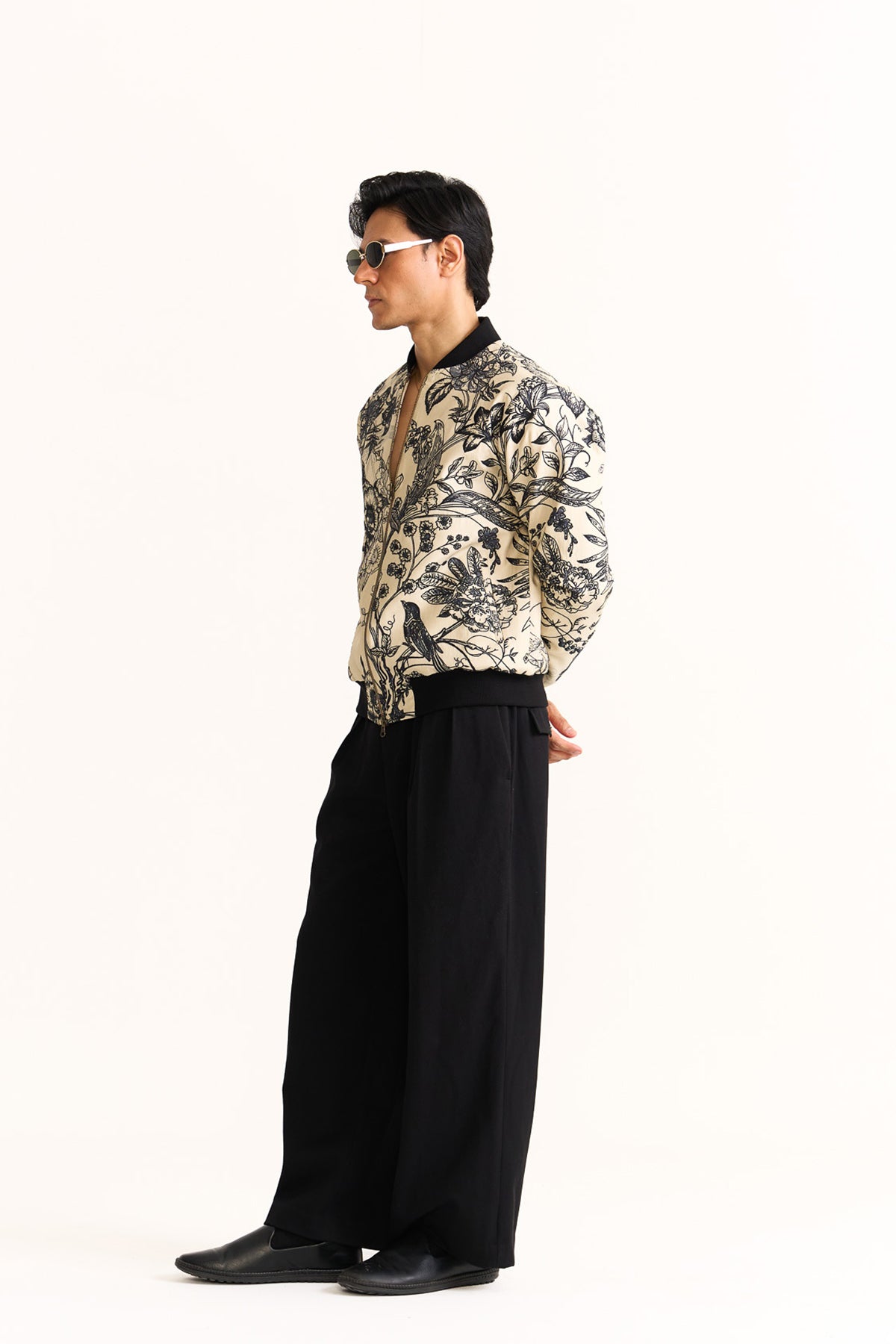 Black & beige embroidered bomber jacket
