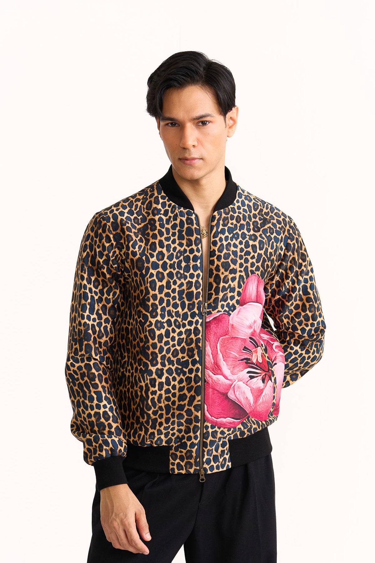 Wild rosette leopard bomber jacket