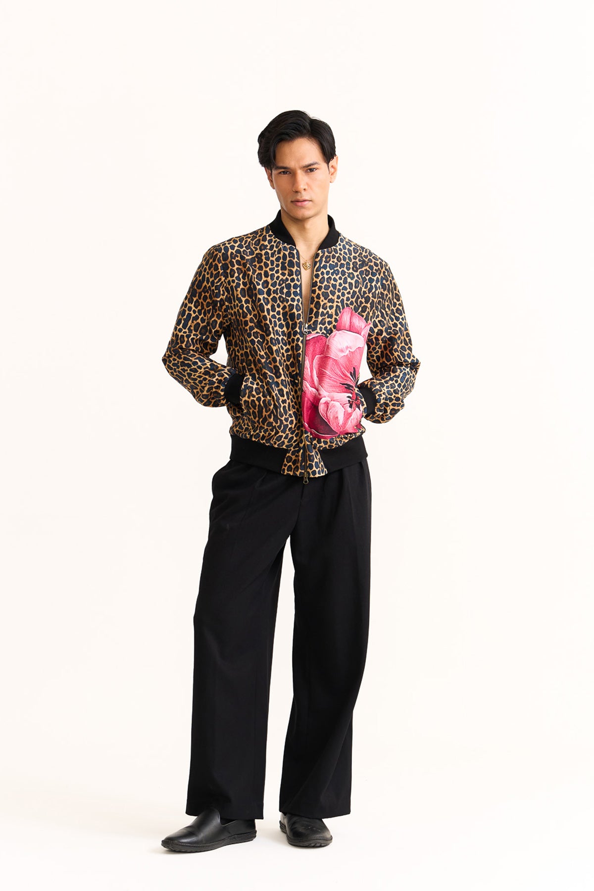 Wild rosette leopard bomber jacket