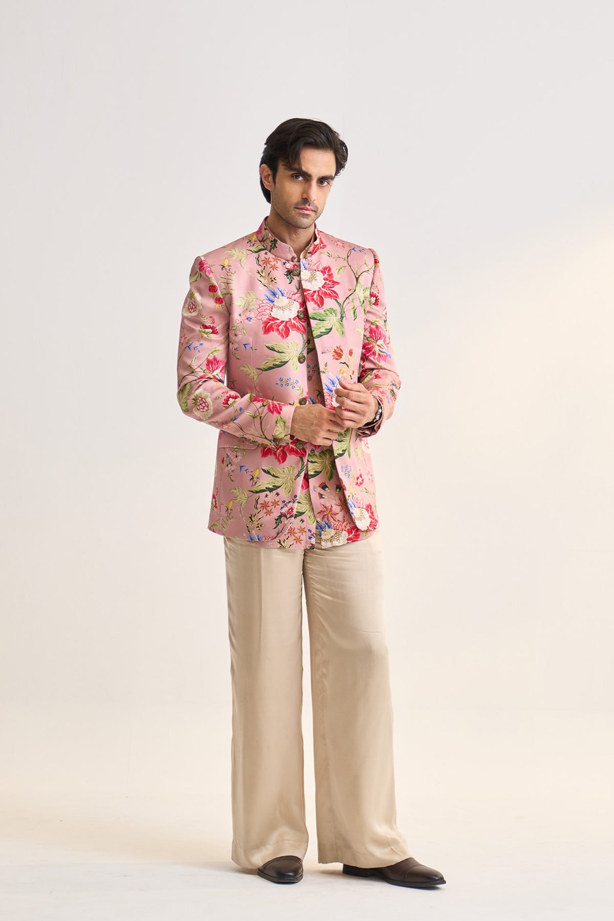 Gulnaar bloom pink printed bandhgala