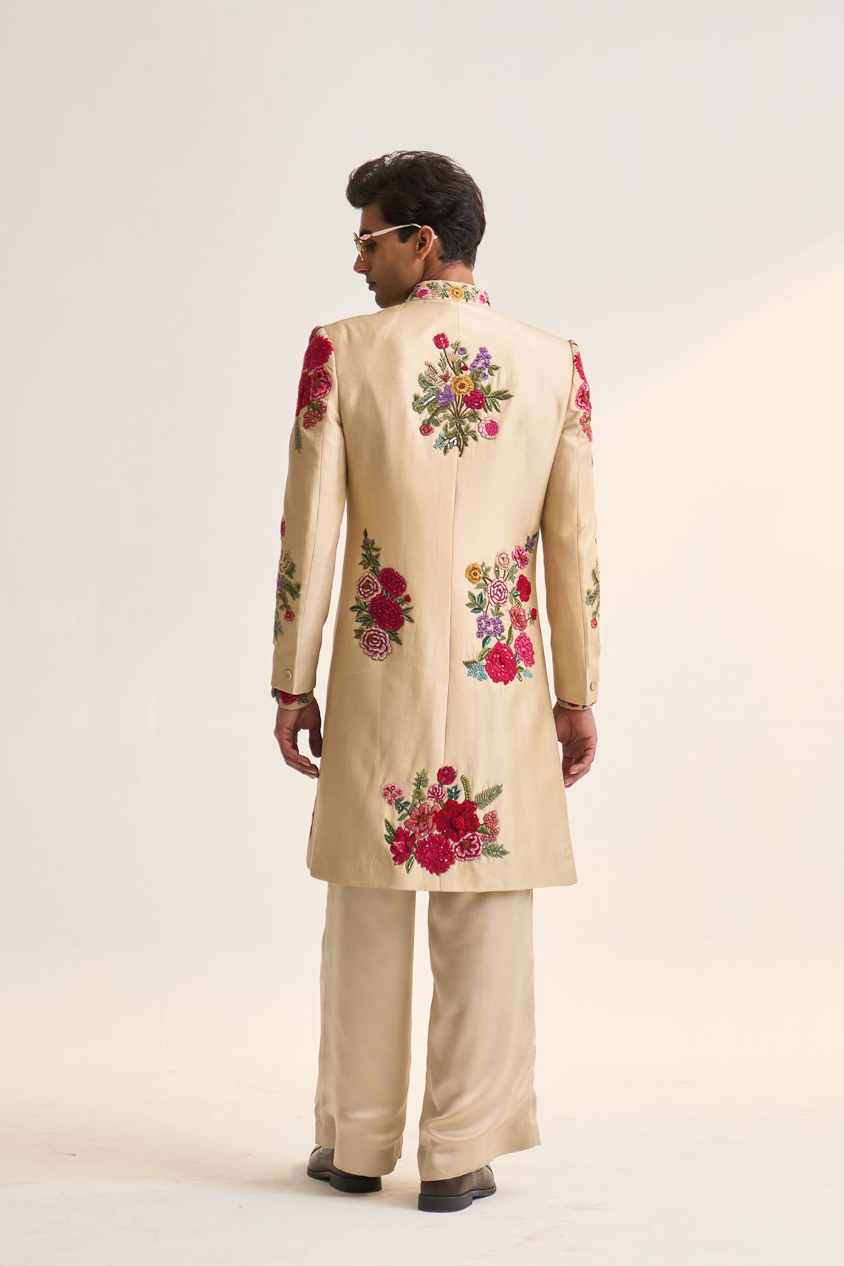 Multifloral ivory embellished achkan