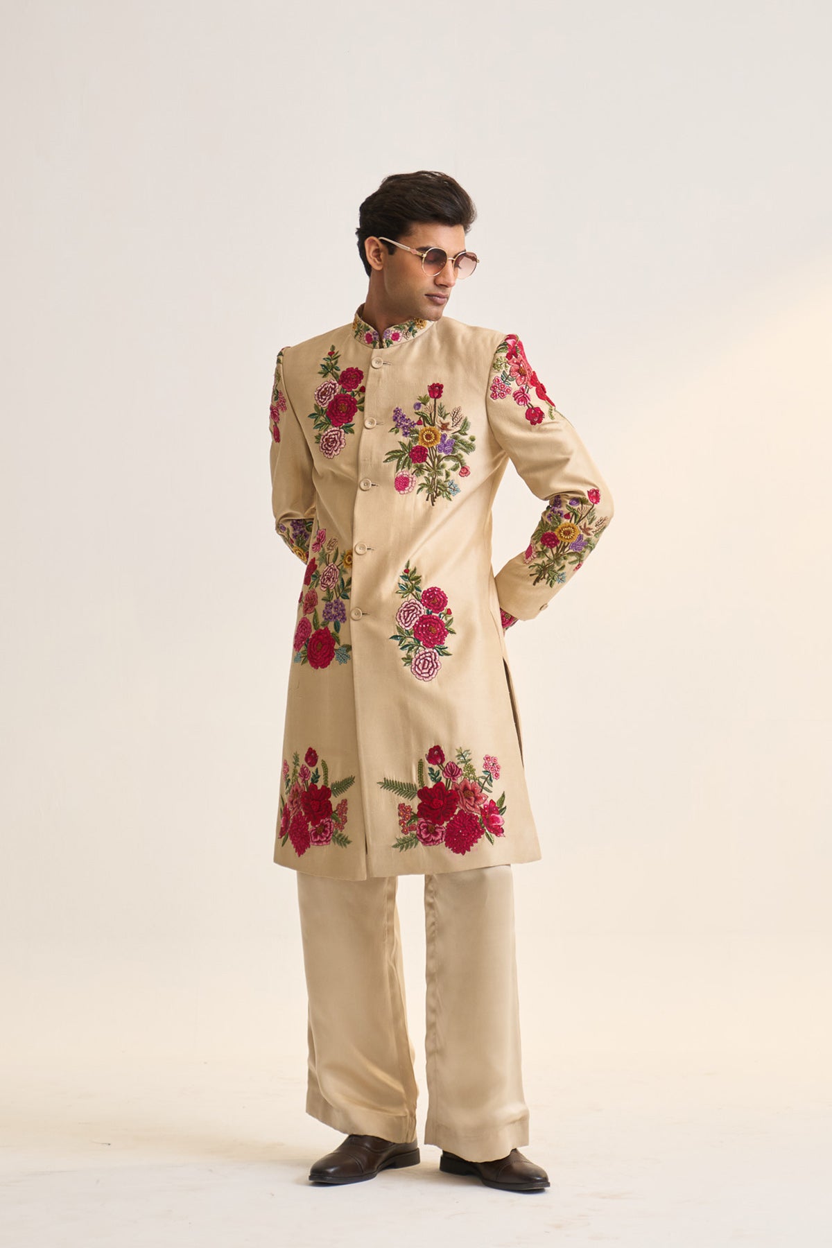 Multifloral ivory embellished achkan