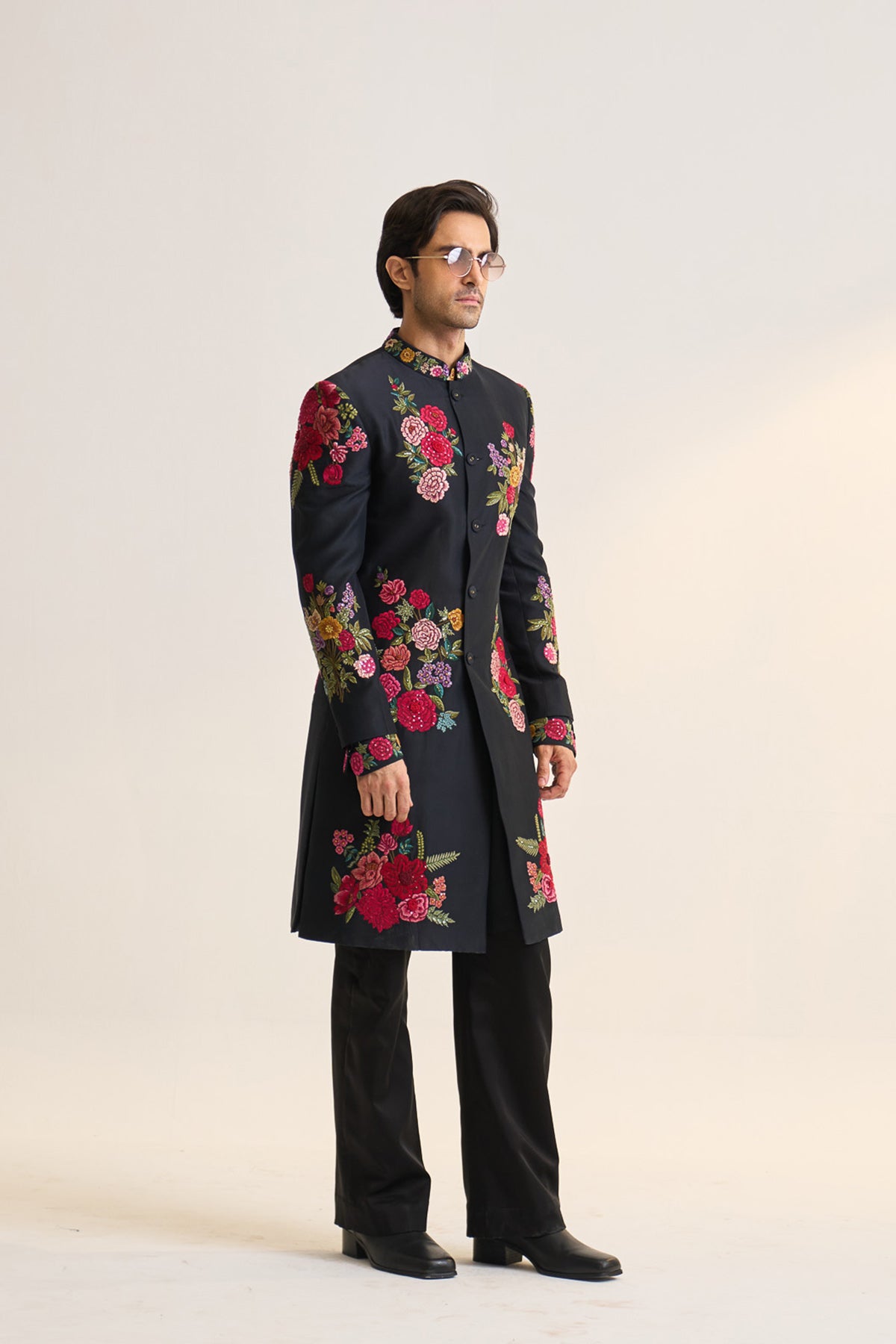 Multifloral black embellished achkan