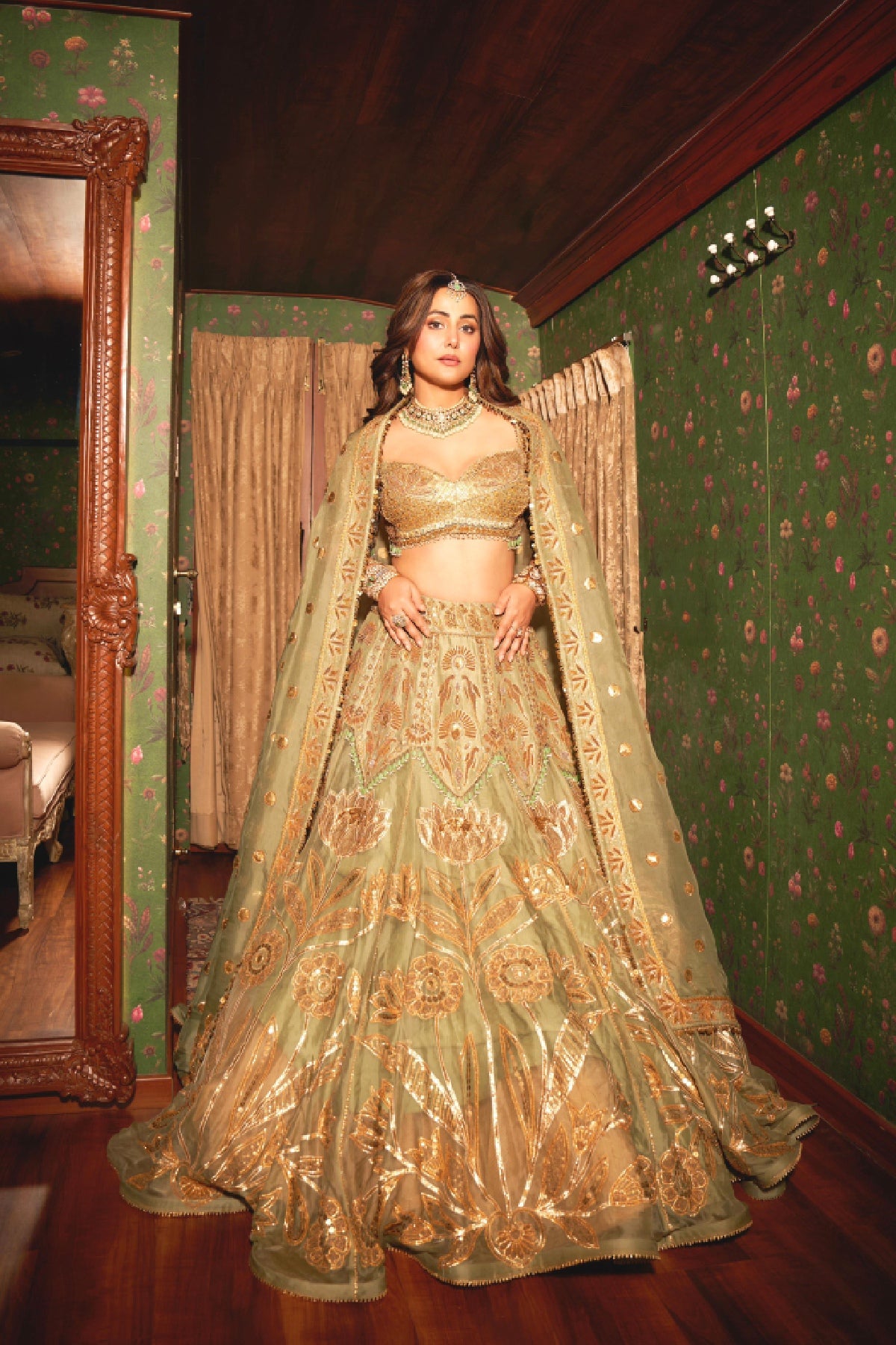 green emerald velvet dress Hina khan in treasure organza lehenga- Green